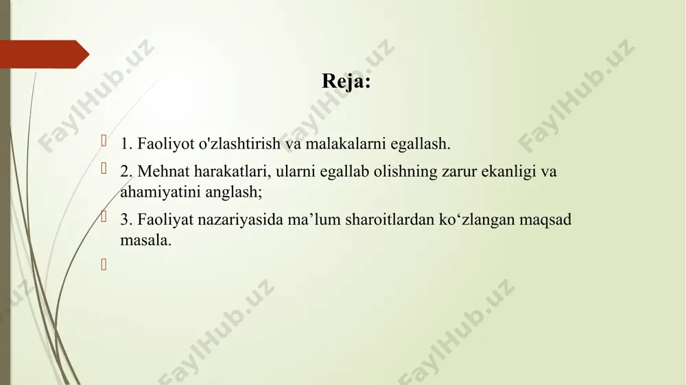 ndovchi sabablarga ega bo‘lishi va ma’lum natijalarga erishishga yo‘naltirilishini bildiradi. faoliyatning predmeti va sub’ektidan tashqari, ushbu tushuncha bilan faoliyat vositalari va natijalari ham bog‘liq. faoliyatni amalga oshirishda odam uchun mehnat vositalari sifatida u yoki bu harakat va muolajalarni bajarishda foydalanadigan asboblar tushuniladi. faoliyat natijalari bo‘lib, moddiy yoki ma’naviy xususiyatga ega bo‘lgan yaratilgan mahsulotlar hisoblanadi. psixofiziologik vazifalar psixik vazifalarni amalga oshirish uchun faoliyat vositalarini zarur dastlabki shart-sharoitlar bilan ta’minlaydi. masalan, biror ma’lumotni xotiramizda saqlab qolish uchun tez va sifatli yodda saqlab qolishning maxsus usullaridan foydalanamiz. lekin agarda biz yodda saqlab qolish layoqatidan iborat mnemik vazifalarga ega bo‘lmaganimizda, bu faoliyatni amalga oshira olmagan bo‘lardik. mnemik vazifalar tug‘ma bo‘ladi. har qanday sharoitda ham barcha harakatlar ham ichki-psixologik, ham tashqi - muvofiqlik nuqtai nazaridan ong tomonidan boshqarilib boradi. har qanday faoliyat tarkibida ham aqliy, ham jismoniy - motor harakatlar mujassam bo‘ladi. foydalanilgan adabiyotlar 1. davletshin m. g. umumiy psixologiya. t., tdpu, 2002. 2. davletshin …