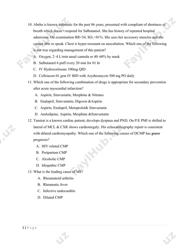 of dcmp has grave prognosis? a. hiv related cmp b. peripartum cmp c. alcoholic cmp d. idiopathic cmp 13. what is the leading cause of ms? a. rheumatoid arthritis b. rheumatic fever c. infective endocarditis d. dilated cmp 14. a 50-year-old woman has complained of pain and swelling in her proximal interphalangeal joints, both wrists and knees. she complains of morning stiffness. she has had a hysterectomy 10 years ago. physical exam shows swelling and thickening of the pip joints.hemoglobin is 10.3 g/dl, mcv 80 fl, serum iron 8 μmol/l, ironbinding capacity 40 μmol/l (normal: 45 to 66), saturation 20%. the most likely explanation for this woman’s anemia is a. occult blood loss b. vitamin deficiency c. anemia of chronic disease d. sideroblastic anemia 15. a 70-year-old intensive care unit patient complains of fever and shaking chills. the patient develops hypotension, and blood cultures are positive for gram-negative bacilli. the …