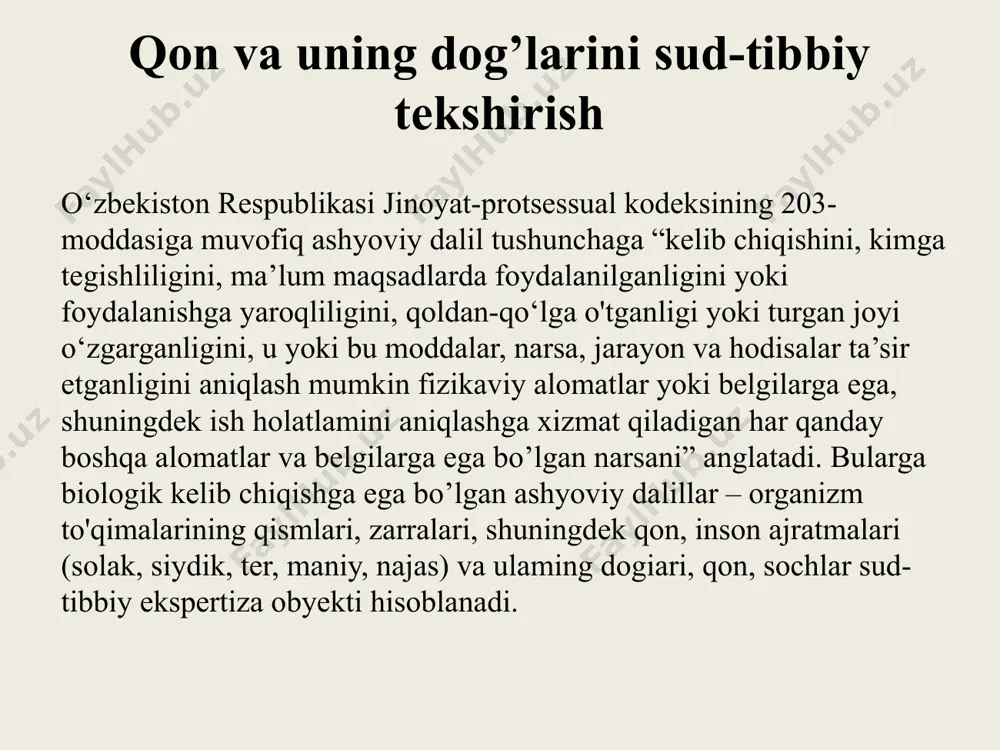 ushish balanligi yanada kattalashganda asosiy dog‘dan tashqari uning atrofida sachralar shaklida ikkilamchi dog’lar hosil bo’ladi. harakatdagi tana qismidan yoki qiya yuzaga ancha katta balandlikdan qon tomganda mazkur sachralar asosan harakat yo'nalishi yoki yuzaning pastroq tomonida joylashadi. qonli jism keskin siltanganda, qonayotgan sohaga zarb berilganda, shikastlangan yirik arteriyalardan qon fontan bo’lib oqqanda sachra shaklidagi izlar vujudga keladi. qon izlarini sud-tibbiy tekshirish uchun olish. amaldagi qonun hujjatlariga binoan hodisa joyidan ashyoviy dalillarni, shu jumladan qon izlarini olish tergovchi tomonidan amalga oshiriladi. avvalroq qayd etilganidek, zaruriy hollarda shifokorlar ham bu jarayonga jalb qilinishlari mumkin. qon izini saqlagan uncha katta bo’lmagan predmetlar (kiyim-bosh, poyafzal, qurollar, yotoq anjomlari (choyshab, yostiq jildi va hkz.) va boshqa buyumlar) laboratoriya tekshiruvi uchun butunligicha olinadi. katta o’lchamli predmetlami (gobelen, palas, tushak va hkz.) to’liq olish imkoni bo’lmaganda, ulardan qon dog‘i bor sohadan, shuningdek ifloslanmagan sohadan (kontrol sifatida) bo’lak qirqib olinishi mumkin. ba’zan qattiq yuzalardagi qon izlaridan yuvma ham olinishi …