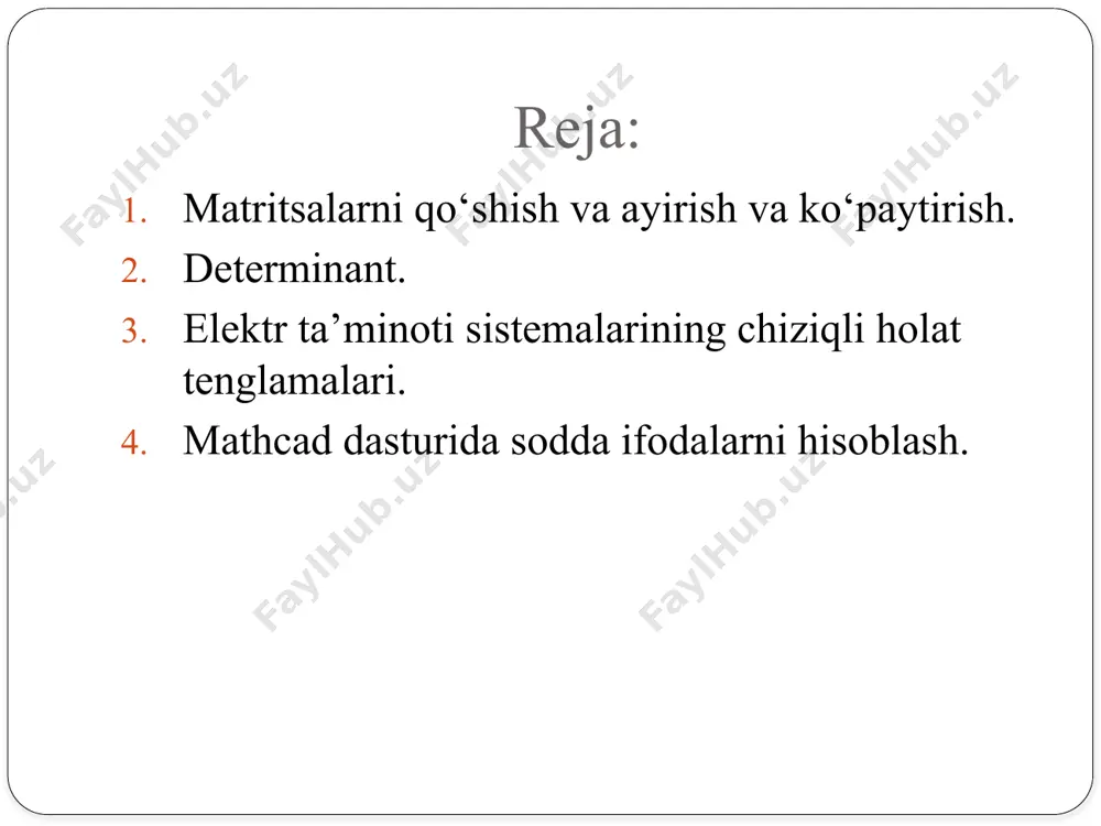 rat matritsaning determinantini hisoblash uchun мопред funksiyasi kulaniladi. bu funksiya мопред (massiv) ko‘rinishiga ega. massiv katakchalar to‘plami yoki massiv konstantalari shaklida berilishi mumkin. 2-misol. [а1:с3] diapazonga matritsa kiritilgan (6-rasm). matritsani determinantini hisoblash kerak. yechish. 1. kursorni determinantning qiymati hosil qilinadigan katakchaga joylashtirish kerak, masalan а4. вставка функции – fx tugmasini bosib мастер функцийни ishga tushiramiz. 2. paydo bo‘lgan мастер функций (шаг 1 из 2) muloqot darchasining категория: maydonidа математические, выберите функцию: ishchi maydonida funksiyaning nomi - мопред tanlanadi vа ок tugmasi bosiladi (7 - rasm). teskari matritsani topish har bir а≠0 songa teskari son а-1 mavjud va shunday tushuncha kvadrat matritsalar uchun ham kiritilgan. teskari matritsalar odatda bir nechta noma’lumli tenglamalar sistemasini yechish uchun ishlatiladi. а-1 мatritsa а kvadrat matritsaga nisbatan teskari deb ataladi, agar bu matritsani berilgan matritsaga ham o‘ngdan ham chapdan ko‘paytirilganda birlik matritsa hosil bo‘lsa: а×а-1=a-1×a=e ikkinchi tartibli a matritsa berilgan: unga teskari matritsa quyidagicha hisoblanadi: excel …