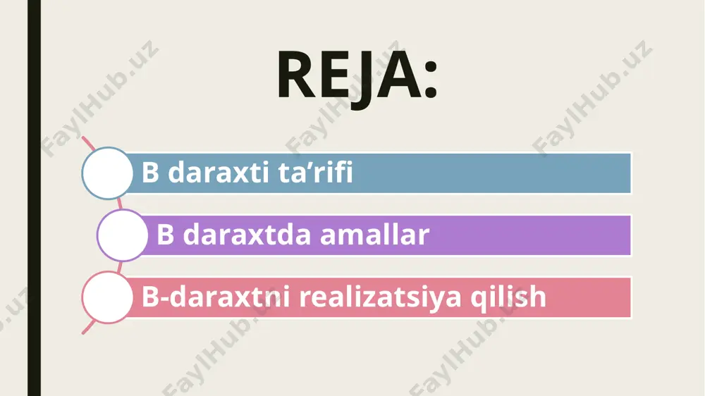 h b daraxtda izlash algoritmi b daraxtida izlash binar daraxtni qidirishga juda o'xshaydi, faqat bu yerda biz avlodga yo'lni 2 variantdan emas, balki bir nechta variantdan tanlashimiz kerak. aks holda, farqi bo'lmay qoladi. quyidagi rasmda 27-kalitni qidirish ko'rsatilgan. tasvirni koʻrib chiqaylik (va shunga mos ravishda standart qidirish algoritmi): biz ildiz kalitlarini kerak bo'lguncha o'tamiz. bu holda 31 ga yetdik. bu kalitning chap tomonidagi avlodga tushamiz. 27 dan kichik boʻlgunga qadar yangi tugunni kalit boʻyicha izlaymiz. bunday holda, biz 27 ni topdik va to'xtadik. b daraxtlarda element qoʻshish izlashdan farqli o'laroq, qo'shish usuli ikkilik daraxtga qaraganda ancha murakkab, chunki yangi barg yaratish va unga kalit qo'yish mumkin emas, chunki b daraxtining xususiyatlari buziladi. kalitni allaqachon to'ldirilgan bargga kiritish mumkin emas. tugunni ikkiga bo'lish amali kerak, agar barg to'ldirilgan bo'lsa, unda 2t-1 kalit bor edi. 2 ga t-1 ga bo'lamiz undan kam kalitlar va oxirgi t-1 ajdod tuguniga o'tkaziladi. shunga ko'ra, agar …