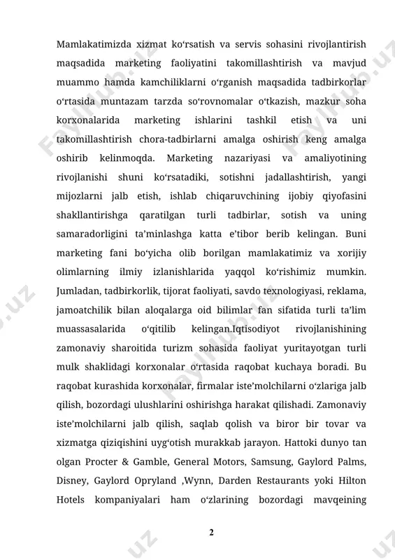 atuvlarni tashkil qilmoqdalar. globallashuv jarayonlarining kuchayishi, axborot va telekommunikatsiya tizimlarining rivojlanishi, raqobat muhitining tezlik bilan o‘zgarib borishi turistik korxonalar faoliyatiga ijobiy ta’sir etishi bilan birga ularning marketing tizimiga yangi talablar qo‘yadi. bu esa ushbu bilamlarni o‘zida mujassamlashtirgan bilimlar tizimini vujudga keltirgan. kurs ishining maqsad va vazifalari: “brend” tushunchasi turlari va brendni yaratish bosqichlari, brending va uning turizmda marketing kommunikatsiyasini shakllantirish yo‘nalishi haqidagi ma’lumotlarni umumlashtirish va qisqacha tavsiflash. turizm sohasida brend va brending ahamiyati va vazifalari, turistik brendni ishlab chiqishni o’rganish va tahlil qilish. kurs ishi ob’yekti va predmeti: “brend” tushunchasi turlari va brendni yaratish. brending va uning turizmda marketing kommunikatsiyasini shakllantirish yo‘nalishlari. turizm sohasida brend va brending ahamiyati va vazifalari. turistik brendni ishlab chiqish. kurs ishning tadqiqot uslubi va uslubiyoti: ilmiy ommabop manbalardan to’plangan ma’lumotlar tahlil qilib,xulosa va takliflar qilish. kurs ishi tuzilishi: bajarilgan kurs ishi kirish qismi, ikkita bobdan va qilingan xulosalardan iborat. ishda o’rganilishi e’tiborga olingan ma’lumotlar tushunarli …