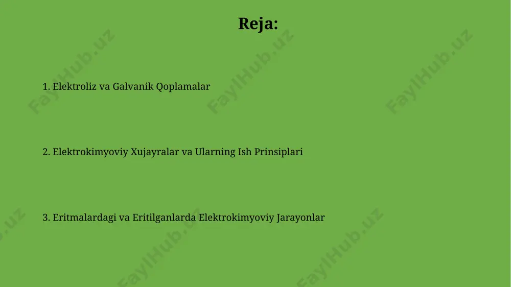 radi, bu esa yuqori tok zichligida elektroliz o'tkazish imkonini beradi. erigan tuzlarda elektroliz jarayoni 500-1000°c haroratlarda amalga oshiriladi va metallarning elektrokimyoviy qaytarilish potentsiallari suyuq holatda sezilarli darajada farq qiladi. elektrokimyoviy potensiallar nernst tenglamasi elektrokimyoviy potensialning konsentratsiyaga bog'liqligini tavsiflaydi va potensialning 0.059/n v ga o'zgarishi konsentratsiyaning 10 marta o'zgarishiga mos keladi, bu yerda n – elektronlar soni. elektrokimyoviy potensiallar qator metallarning korroziyaga chidamliligini aniqlashda muhim rol o'ynaydi. masalan, standart potensiali manfiy bo'lgan metallar musbat potensialli metallarga nisbatan korroziyaga moyilroqdir. elektroliz jarayoni suyuq metallarni elektrolizi natijasida yuqori tozalikdagi metallar olinadi, masalan, misning elektrolitik tozalashda tozalik darajasi 99,99% dan oshadi. elektroliz samaradorligi elektrod materiallari, eritma konsentratsiyasi va qo'llaniladigan kuchlanish kabi omillarga bog'liq bo'lib, 80-95% oralig'ida o'zgarib turadi. e'tiboringiz uchun rahmat @taqdimot_robot image1.jpg image2.jpg image3.jpg image4.jpg image5.jpg image6.jpg image7.jpg