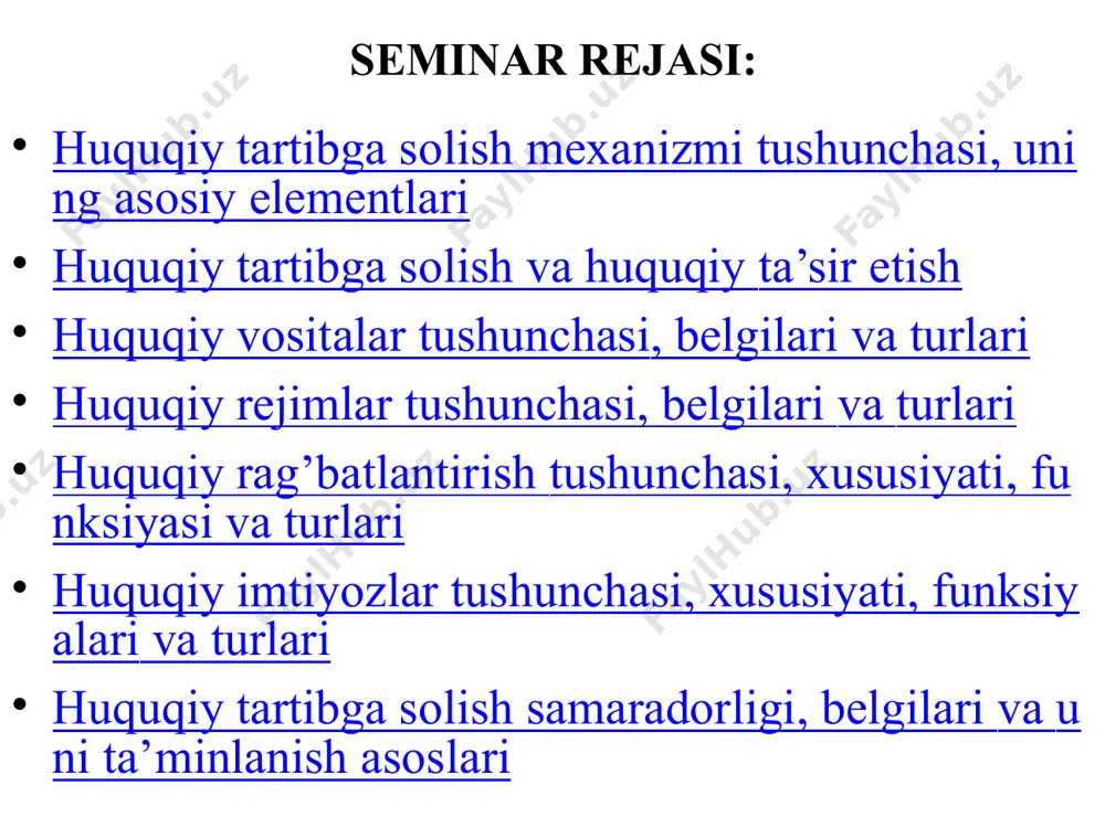 solish va huquqiy ta’sir etish huquqiy tartibga solish – huquqiy vositalar yordamida amalga oshiriladigan ijtimoiy munosabatlarni tartibga solish, muhofaza qilish, ijtimoiy ehtiyojlardan kelib chiqqan holda ularni rivojlantirish maqsadida ushbu ijtimoiy munosabatlarga samarali, tashkiliy-huquqiy ta’sir ko’rsatish jarayoni huquqiy tartibga solish – kishilarning xulq-atvori va ijtimoiy munosabatlarga huquqiy vositalar yordamida maqsadli ta’sir etish huquqiy vositalar tushunchasi, belgilari va turlari huquqiy vositalar – bu muayyan ko’rsatmalarda va xatti-harakatlarda namoyon bo’ladigan huquqiy hodisa bo’lib, uning yordamida huquq subyektlarining manfaatlari amalga oshiriladi va ijtimoiy foydali maqsadlarga erishish ta’minlanadi huquqiy vositalar tushunchasi, belgilari va turlari huquqiy vositalar quyidagilar: huquq normalari va prinsiplari huquqni qo’llash aktlari shartnomalar yuridik faktlar subyektiv huquq va yuridik majburiyatlar taqiqlar, imtiyozlar, rag’batlantirish va jazo choralari huquq va majburiyatlarni amalga oshirish hujjatlari huquqiy vositalar tushunchasi, belgilari va turlari huquqiy vositalarning belgilari: ular huquq subyektlarining manfaatlarini amalga oshirishning va ijtimoiy foydali maqsadlarga erishishni ta’minlashning umumlashgan yuridik uslublari hisoblanishi, huquqning ijtimoiy qimmati namoyon bo’lishi huquqiy …