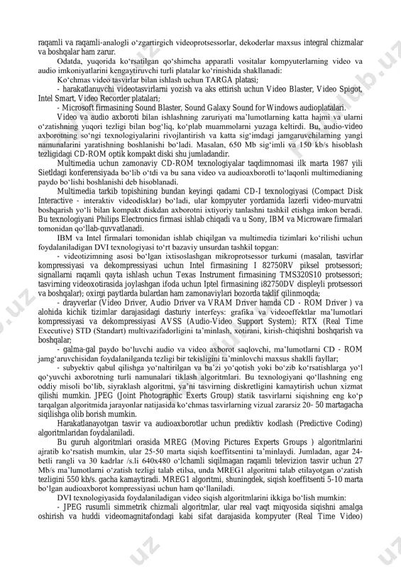 alliklarga ega: a) berilayotgan materiallarni chuqurroq, va mukammalroq oʻzlashtirish imkoniyati bor; b) ta’lim olishning yangi sohalari bilan yaqindan aloqa qilish ishtiyoqi yanada ortadi; v) ta’lim olish vaqtining qisqarish natijasida, vaqtni tejash imkoniyatiga erishish; g) olingan bilimlar kishi xotirasida oʻzoq muddat saqlanib, kerak boʻlganda amaliyotda qoʻllash imkoniyatiga erishiladi. oʻz oʻrnida, multimedia vositalaridan keng foydalanish yoʻlida ayrim obyektiv muammolar ham mavjud. bulardan eng asosiysi - oʻquvchilar uchun kerak boʻlgan oʻquv materiallarini, qonunlarni va boshqa koʻrsatmalarni qoʻllanma qilib kompyuter dasturlarini ishlab chiqarishdir. ishlab chiqilgan kompyuter dasturlarida multimedia elementlarini qoʻllash esa, kompakt disklarni (lazer disklari) qoʻllashni talab qiladi. hozirgi kunda bunday koʻrinishdagi kompakt disklarni respublikamizda ishlab chiqarish imkoniyati yoʻqdir. bular ma’lum bir miqdordagi mablagʻni oldindan jalb etishni talab qiladi. zamonaviy kompyuter texnologiyalaridan oʻquvchilarga ta’lim berish va qayta tayyorlash jarayonida keng foydalanish, kelajakda yetuk va yuqori malakali mutaxassislarni kamol toptiradi. zamonaviy kompyuter texnologiyalarining tez rivojlanib borishi, ayniqsa, axborotlarni oʻzatish kanallarini rivojlanishi telekommunikatsiya sohasiga oʻziga xos …