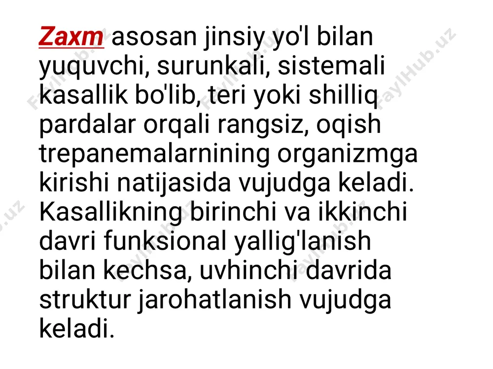 ug'ma zaxm a50.4 kech tug'ma neyrosifilis a50.5 kech tug'ma zaxmning boshqa simptomli turlari a50.6 kech yashirin tug'ma zaxm a50.7 aniqlanmagan kech tug'ma zaxm a50.9 aniqlanmagan tug'ma zaxm a51 erta zaxm a51.0 jinsiy a'zolarning birlamchi zaxmi a51.1 anal soha birlamchi zaxmi a51.2 boshqa sohalarda joylashgan biralmchi zaxm a51.3 teri va shilliq pardalar ikkilamchi zaxmi a51.4 ikkilamchi zaxmning boshqa turlari a51.5 erta yashirin zaxm a51.6 aniqlanmagan erta zaxm a52. kech zaxm a52.0 yurak-qon tomirlar zaxmi a52.1 seyrosifilis simptomlari bilan a52.2 asimptomli neyrosifilis a52.3 aniqlanmagan neyrosifilis a52.7 kech zaxmning boshqa simptomlari a52.8 kech yashirin zaxm a52.9 aniqlanmagan kech zaxm a53 zaxmning aniqlanmagan boshqa turlari a53.0 yashirin zaxm a53.9 aniqlanmagan zaxm orttirilgan zaxmning umumiy klinik kechishi orttirilagan va davolanmagan zaxmda davrlarning alamshinib turishi kuzatiladi. zaxmning inkubatsion, birlamchi, ikkilamchi va uchlamchi davrlari mavjud. inkubatsion davri. kasallik yuqqandan to uning klinik belgilari-qattiq shankr paydo bo'lgunicha o'tgan davrga aytiladi. o'rtacha 3-4 hafta. boshqa kasallik bilan og'rib antibiotik …
