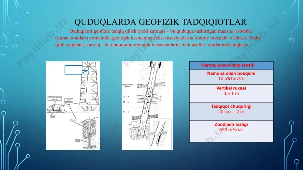 aniqlash: gillilik koeffitsienti; g'ovaklilik koeffitsienti; o'tkazuvchanlik koeffitsienti; neft va gazga to'yinganlik koeffitsienti. geologik modellashtirishda quduqlarni geofizik tadqiq qilishning roli quduq kesmalarining o'zaro bog'liqligi; quduqlarda qatlamlarni ajratish vazifasi; fasiyalarni ajratish; geonavigatsiya uchun sintetik egri chiziqlarni qurish; g'ovaklilik, o'tkazuvchanlik va to'yinganlik kublarini qurish; sintetik seysmogrammani qurish. quduqlarni tadqiq qilishning geofizik usullarini tasniflash elektr karotaj– jinslarning elektr xususiyatlarini o'rganish; radioaktiv karotaj - tog ' jinslarini tashkil etuvchi elementlarning radioaktiv xususiyatlarini o'rganish; 3) akustik karotaj - tog ' jinslaridagi elastik tebranishlarning tarqalish va pasayish tezligini o'rganish; 4) yadro magnit karotaj - tosh elementlarining magnit xususiyatlarini o'rganish; 5) termal karotaj- tog ' jinslarining issiqlik maydoni va issiqlik xususiyatlari; mexanik karotaj - bunga quyidagilar kiradi: quduq burg'ulash tezligini o'lchash; sinash- quduqlarni tekshirishning to'g'ridan – to'g'ri usullari. radioaktiv karotaj radioaktiv karotaj– quduq tomonidan ochilgan jinslarning radioaktiv xususiyatlarini o'rganish. radioaktiv karotaj usullari: gamma karotaj (gk); gamma-gamma zichligi karotaj (ggk-z); neytron gamma karotajini (ngc); neytron-neytron karotaj (nnk); impulsli neytron …