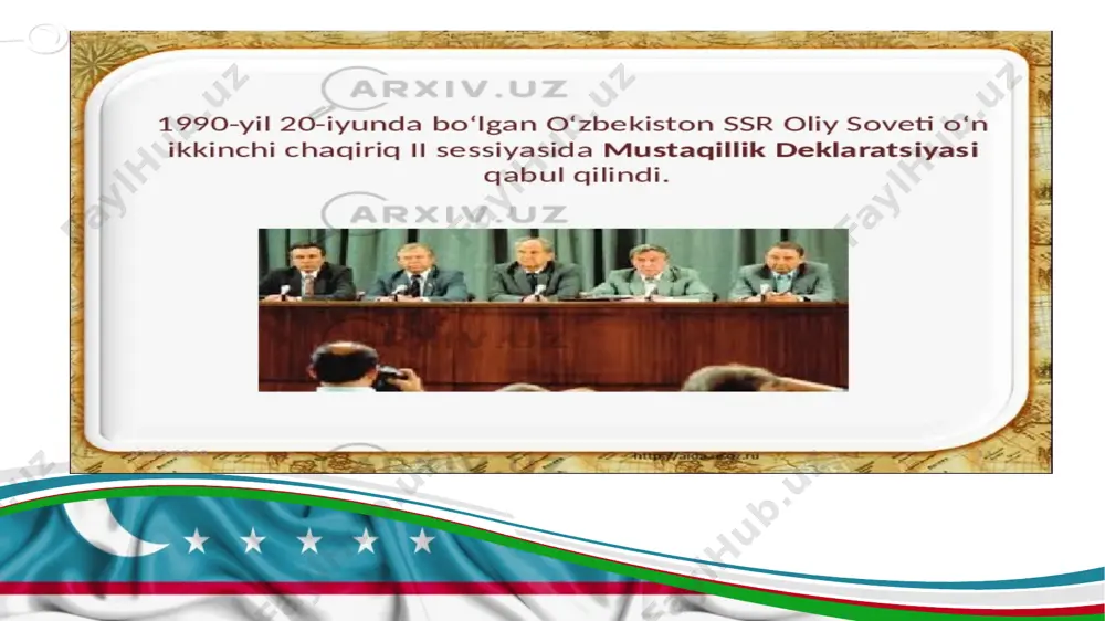 munaviy uy-joylar qurish dasturi amalga oshirilmoqda. www.presentationgo.com by: .com © presentationgo.com islom abdug‘aniyevich karimov qurolli kuchlar oliy bosh qo‘mondoni sifatida o‘zbekiston respublikasining mustaqilligini, uning hududiy yaxlitligi va sarhadlarimiz daxlsizligini, xalqimizning tinch va osoyishta hayotini ishonchli himoya qilishga qodir bo‘lgan zamonaviy qurolli kuchlarni tubdan isloh etish, ularning jangovar salohiyati va qudratini oshirishni ta’minladi. u tub negizida boshqa davlatlarning ichki ishlariga aralashmaslik va vujudga kelayotgan qarama-qarshilik va mojarolarni faqatgina tinch, siyosiy yo‘l bilan hal etishga asoslangan tinchlikparvar siyosat mujassam bo‘lgan o‘zbekiston respublikasining tashqi siyosat konsepsiyasini ishlab chiqdi va amalga oshirdi. davlatimiz rahbari mintaqamizda va butun dunyoda tinchlik va barqarorlikni saqlashga ulkan hissa qo‘shdi. islom abdug‘aniyevich karimovning tashabbusi asosida, eski qolip va mezonlardan butunlay voz kechgan holda, keng miqyosdagi kadrlar tayyorlash milliy dasturi, ta’lim-tarbiya tizimini eng zamonaviy xalqaro standartlar bo‘yicha tubdan o‘zgartirishga qaratilgan islohotlar dasturi ishlab chiqildi va hayotga joriy etildi. www.presentationgo.com by: .com © presentationgo.com 2 3 4 5 o’zbekiston yangi tarixi …