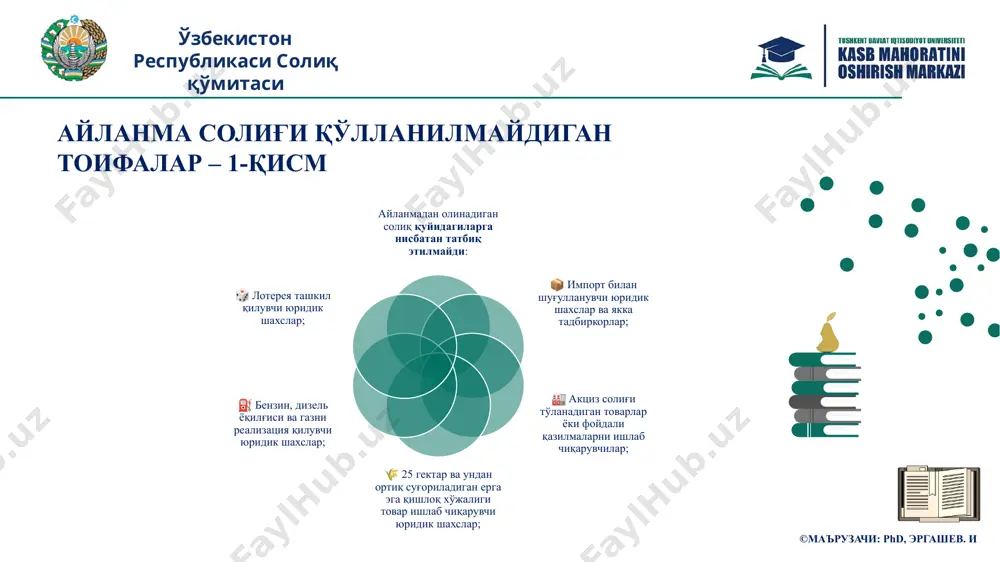 нмадан олинадиган солиқ бўйича солиқ солиш объекти — бу жами даромад ҳисобланади. 🔸 жами даромад — бу 43-бобга асосан аниқланади, аммо 304-моддада белгиланган инобатга олинмайдиган даромадлар ҳисобдан чиқарилади. 📌 солиқ солиш мақсадида товарлар ва хизматлар реализациясидан олинадиган барча иқтисодий фойда эътиборга олинади. ўзбекистон республикаси солиқ қўмитаси ©маърузачи: phd, эргашев. и айрим фаолият турларига оид тушунчалар 11 🏗 қурилиш, лойиҳа, таъмирлаш, илмий ташкилотлар учун: ўз кучи билан бажарилган ишлардан олинган даромад солиқ солинади. агар буюртмачи материалларни тақдим этса, фақат хизматлар қисми солиқ солишга тортилади. 💼 лизинг компаниялари учун: фоизли даромадлар солиқ солиш объекти бўлади. 🧾 воситачилар учун: шартнома асосида кўрсатилган хизмат ҳақи солиқ солинадиган базани ташкил этади. 🎁 бепул бериладиган товарлар бўйича: тўловсиз берувчи учун — товарнинг таннархи ҳисобга олинади. ўзбекистон республикаси солиқ қўмитаси ©маърузачи: phd, эргашев. и солиқ солишга тортиладиган бошқа ҳолатлар 12 🔄 солиқ солиш объекти сифатида қуйидагилар ҳам қабул қилинади: 📌 юридик шахсдан чиқиб кетган иштирокчига активларни бериш. …