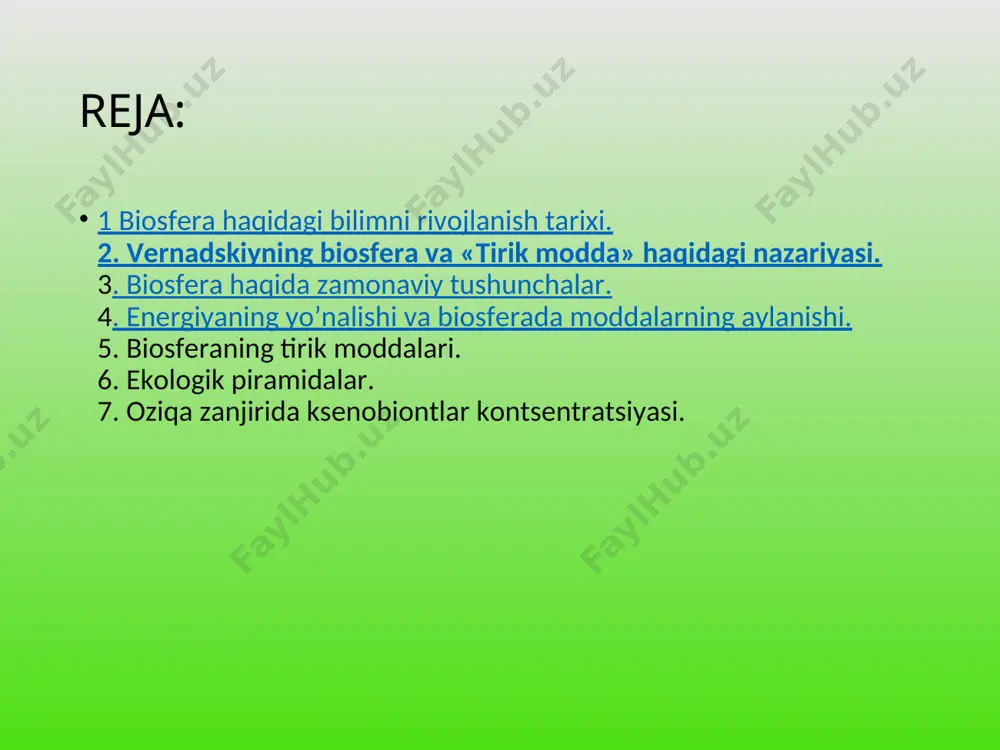 iriladi. natijada bir tropik darajaning ikkinchisiga o’tishida hayvonlar sonini kamayib borishi kuzatiladi. oziqa zanjirida ksenobiontlar kontsentratsiyasi. xx asrning 50 yillarida sintetik moddalar juda ko’p ishlab chiqarila boshlandi. ular orasida ekinlarni begona o’tlarini va hashoratlarini bartaraf etadigan gerbitsidlar va pestitsidlar ko’p ishlatiladigan bo’ldi. bu moddalar ko’pchilik hayvonlar odam, qushlar, baliq va umurtqasizlar uchun zararli. hozirgi vaqtda inson organizmi uchun katta xavf tug’dirayotgan muammo nitratlar hisoblanadi. chunki, nitratlar o’simliklar hosilini asosiy manbai bo’lishi bilan birga tuproqda, suvda, o’simlikda, atmosferada ko’payib odam organizmiga zarar yetkazmoqda va yanada ko’paymoqda. hozirgi vaqtda har xildagi kimyoviy birikmalar (100 mingga yaqin) okean va quruqlik suviga, atmosferaga va tuproqqa ko’p miqdorda qo’shilmoqda. dunyo bo’yicha 500 million tonna mineral o’g’itlar va 3 million tonna har xil zaharli moddalar ishlatilib, uning uchdan bir qismi suv bilan yuvilib tuproqqa o’tadi, yoki atmosferada qoladi. guliston-2018 etiboringiz uchun raxmat !