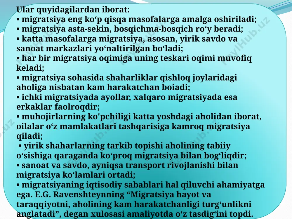 o‘zda tutiladi tashkillashtirilmagan - bunda odamlar o‘zlari va o‘z mablag‘lari hisobiga migratsiyani amalga oshiradi ixtiyoriy - odamlarning migratsiya to‘g‘risida o‘zlarining qaror qabul qilishidir majburiy - odamlarni boshqa joyga ko‘chirish ularning ixtiyorisiz amalga oshirilishidir amir temur saltanatida ulkan bunyodkorlik ishlarini amalga oshirish uchun iroq, suriya, turkiya, gruziya va boshqa o‘lkalardan me’morlar, quruvchilar, zargarlar, to‘quvchilar, boshqa kasb egalari ko‘chirib kelingan. mintaqadagi migratsiya jarayonlari rivojlanishida xix asrning ikkinchi yarmida rossiyaning turkistonni mustamlaka qilishi bilan tub o‘zgarishlar sodir bo‘ldi. chorizmning o‘lkaga kirib kelishi aholi ko‘chishi miqyoslarini kengaytirdi. mustamlakachilar bu yerda o‘z mavqelarini mustahkamlash uchun rus millatiga mansublarni rossiyadan turkistonga ommaviy ko‘chirib kelish siyosatini amalga oshirdi. natijada 1911-yilga kelib aholi tarkibida rus millatiga mansublaming ulushi andijonda -15,0 %, samarqandda - 20,0, toshkentda - 25,0, marg‘ilonda - 30,0 5 ga yetdi. birlashgan millatlar tashkilotining so‘nggi ma’lumotlariga ko‘ra, 2013-yilda xalqaro muhojirlarining soni 231,0 mln. kishiga yetgan. bu yer yuzi aholisining 3,2 %ni tashkil qiladi. xalqaro muhojirlar soni …