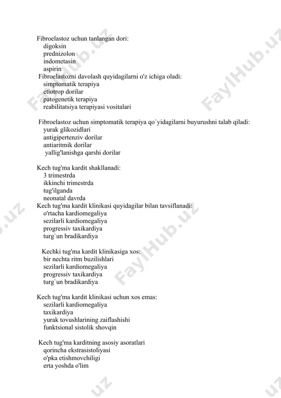 iyasi: yengil,o’rta og’ir,og’ir i,ii,iii daraja surunkali norevmatik kardit oqibati: kardioskleroz raxit pnevmoniya tug’ma yurak nuqsoni erta tug’ma karditda qon tahlilidagi o’zgarishlar: o’zgarish yo’q eozinofillar oshishi echt pasayishi monotsitlar pasayishi ortirilgan norevmatik karditlarni o’ziga xosligi: asosan 3 yoshgacha bo’lgan bolalar kasallanadi va o’ri bilan birga kechadi sovqotish asosan 7 yoshdan katta bolalar kasallanadi virusli miokarditda ishlatiladi: immunoglobulin azitromitsin prednizolon aspirin norevmatik kardit xlamidiyali infektsiyali kechishida ishlatiladi: makrolidlar deksametazon bromgeksin furosemid o’tkir miokarditlarda qancha vaqtgacha profilaktik emlashlar mumkin emas: 3-5 yil emlash mumkin umuman o’tkazilmaydi 1 yil