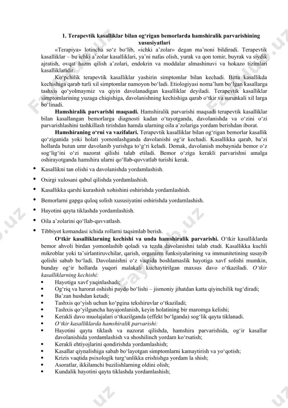 arvarishlashini tashkillash tirishdan hamda ularning oila a’zolariga yordam berishdan iborat. hamshiraning o‘rni va vazifalari. terapevtik kasalliklar bilan og‘rigan bemorlar kasallik qo‘ziganida yoki holati yomonlashganda davolanishi og‘ir kechadi. kasallikka qarab, ba’zi hollarda butun umr davolanib yurishga to‘g‘ri keladi. demak, davolanish mobaynida bemor o‘z sog‘lig‘ini o‘zi nazorat qilishi talab etiladi. bemor o‘ziga kerakli parvarishni amalga oshirayotganda hamshira ularni qo‘llab-quvvatlab turishi kerak. · kasallikni tan olishi va davolanishda yordamlashish. · oxirgi xulosani qabul qilishda yordamlashish. · kasallikka qarshi kurashish xohishini oshirishda yordamlashish. · bemorlarni gapga quloq solish xususiyatini oshirishda yordamlashish. · hayotini qayta tiklashda yordamlashish. · oila a’zolarini qo‘llab-quvvatlash. · tibbiyot komandasi ichida rollarni taqsimlab berish. o‘tkir kasalliklarning kechishi va unda hamshiralik parvarishi. o‘tkir kasalliklarda bemor ahvoli birdan yomonlashib qoladi va tezda davolanishni talab etadi. kasallikka kuchli mikroblar yoki ta’sirlantiruvchilar, qarish, organizm funksiyalarining va immunitetining susayib qolishi sabab bo‘ladi. davolanishni o‘z vaqtida boshlamaslik hayotiga xavf solishi mumkin, bunday og‘ir hollarda yuqori malakali kuchaytirilgan …