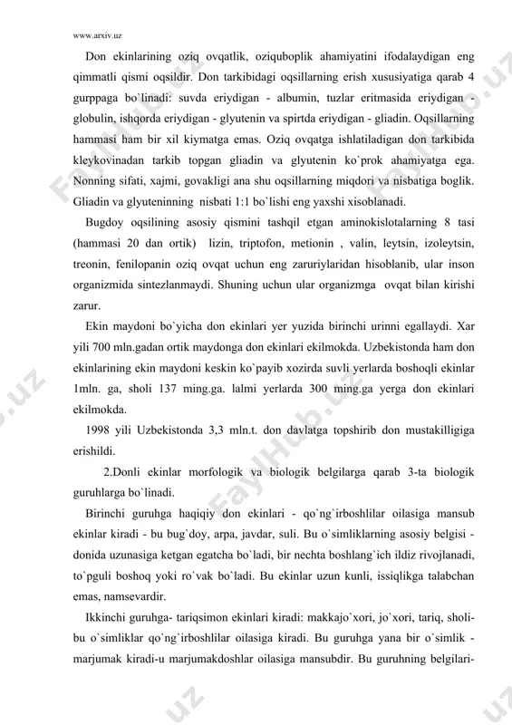 adi. bu ekinlar uzun kunli, issiqlikga talabchan emas, namsevardir. ikkinchi guruhga- tariqsimon ekinlari kiradi: makkajo`xori, jo`xori, tariq, sholi-bu o`simliklar qo`ng`irboshlilar oilasiga kiradi. bu guruhga yana bir o`simlik - marjumak kiradi-u marjumakdoshlar oilasiga mansubdir. bu guruhning belgilari-donida uzunasiga ketgan egatcha bo`lmaydi, bittadan boshlang`ich ildiz rivojlanadi. gul to`plami ro`vak yoki so`ta bo`ladi. ekiladigan navlari bahori, issiqsevar, qisqa kun o`simligi va qurg`oqchilikka chidamli (sholi bundan istisno) uchinchi guruh-don-dukkakli ekinlar. bu guruh vakillari dukkaklilar oilasiga mansubdir. asosiy vakillari-loviya, soya, no`xat, ko`k no`xat, yasmiq, burchok. bu ekinlarning hammasi uk ildizli, bargi murakkab, mevasi dukkak, urug`ida oqsil modda ko`p bo`ladi. biologik jihatdan dukkakli ekinlar xilma-xil bo`ladi. urug ekilgandan to hosil yetilguncha o`simlik hayotida keskin o`zgarishlar ruy beradi - o`simlik o`sadi va rivojlanadi. o`simlikni o`sishi-bu miqdor tomondan o`zgarishi (poya o`sadi, barg soni ko`payadi, shoxlanadi). rivojlanish-bu o`simlikda bo`ladigan sifat tomonidan o`zgarishlar. fotosintez jarayonida hosil bo`lgan moddalar fermentlar yordamida boshqa ancha murakkab moddalarga aylanadi va o`simlikning xar xil organlarida …
