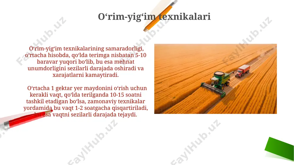 bilan jihozlangan boʻlib, bu esa ishlash samaradorligini va yonilgʻi sarfini kamaytirishga yordam beradi. qishloq xoʻjaligi texnikalarini taʼmiri oʻrtacha traktor taʼmirlash muddati 10-15 kunni tashkil etadi, ammo zamonaviy texnologiyalar va yetkazib beruvchilar bilan samarali hamkorlik bu muddatni 5-7 kungacha qisqartirish imkonini beradi. qishloq xoʻjaligi texnikasi taʼmirlashida ehtiyot qismlar narxining 25% gacha oshib ketishi mumkin, bu esa notoʻgʻri diagnostika yoki sifatsiz taʼmirlash ishlaridan kelib chiqadi. sugʻorish texnikalari замонавий томчилатиб суғориш тизимлари сув тежовчи технологиялар сифатида ҳар гектарга 2000-3000 м³ сувни тежаш имкониятини беради. дронлар орқали аниқланган ҳудудлардаги намлик даражасига асосланган суғориш, сув сарфини 15% гача камайтириш ва ҳосилдорликни 10% гача оширишга имкон беради. e'tiboringiz uchun rahmat @taqdimot_robot image2.png image1.png image5.jpg image6.jpg image7.jpg image8.jpg image9.jpg image10.jpg image11.jpg image12.jpg image13.jpg image14.jpg image15.jpg image16.jpg