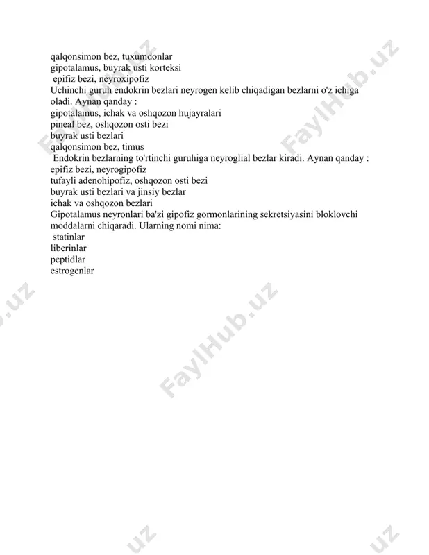 fiz bezi, neyrogipofiz tufayli adenohipofiz, oshqozon osti bezi buyrak usti bezlari va jinsiy bezlar ichak va oshqozon bezlari gipotalamus neyronlari ba'zi gipofiz gormonlarining sekretsiyasini bloklovchi moddalarni chiqaradi. ularning nomi nima: statinlar liberinlar peptidlar estrogenlar