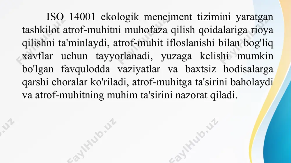 i. tizimning amalga oshirilishi: arizalar iso 14000 standart talablariga mos kelish uchun tasdiqlangan hujjatlarga muvofiq amalga oshiriladi. arizalar ko'rib chiqiladi va kamchiliklar aniqlanadi va zaruriy tuzatish takliflari xaridorlar shirkatiga taqdim etiladi. ichki auditni amalga oshirish: tizim tashkil etilgandan so'ng, ichki audit guruhi tekshiruvlar o'tkazadi va natijalarni yuqori rahbariyatga etkazadi. sertifikatlash uchun ariza: tizim tayyor ekanligini bilsa, sertifikatlashtirish talabnomasi mijoz tomonidan tegishli sertifikatlashtirish organiga topshiriladi. e’tiboringiz uchun rahmat! image2.jpeg image3.jpeg image1.jpeg