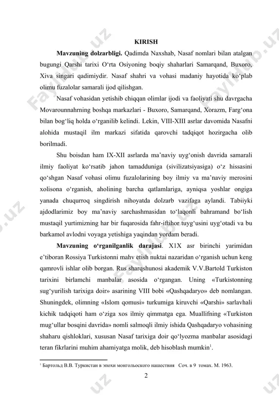 i akademik v.v.bartold turkiston tarixini birlamchi manbalar asosida o‘rgangan. uning «turkistonning sug‘yurilish tarixiga doir» asarining viii bobi «qashqadaryo» deb nomlangan. shuningdek, olimning «islom qomusi» turkumiga kiruvchi «qarshi» sarlavhali kichik tadqiqoti ham o‘ziga xos ilmiy qimmatga ega. muallifning «turkiston mug‘ullar bosqini davrida» nomli salmoqli ilmiy ishida qashqadaryo vohasining shaharu qishloklari, xususan nasaf tarixiga doir qo‘lyozma manbalar asosidagi teran fikrlarini muhim ahamiyatga molik, deb hisoblash mumkin . turkiston istilo etilgandan so‘ng xalqimizning asori atiqalarini o‘rganish ishlari yanada jadal davom ettirildi. turkiston arxeologiya havaskor-lari to‘garagi a’zolaridan l.a.zimin, i.kastanelar 1916 yilda qarshiga kelishadi. i.kastane shahar hududidagi zahhoki maron qal’asi, yerqo‘rg‘on obidalari haqida ma’lumot bergan. l.a. zimin esa shulluktepani o‘rgangan. «turkestanskiye vedomosti» gazetasining 1879 yil 24-25 sonlarida «qarshi» maqolasi bosilib chiqadi. 1910 yilda b.l. litvinovning «qarshi» maqolasi mazkur gazetaning 114-116 sonlarida bosilgan. 1927 yilda akademik v.v.bartoldga bag‘ishlangan to‘plamda l.a.ziminning «naxshab, nasaf, qarshi: tarixi va qadimiyligi» maqolasi o‘rin olgan. 1928 yilda v.l.vyatkin qarshi okrugi qo‘shinlarining tashkil …