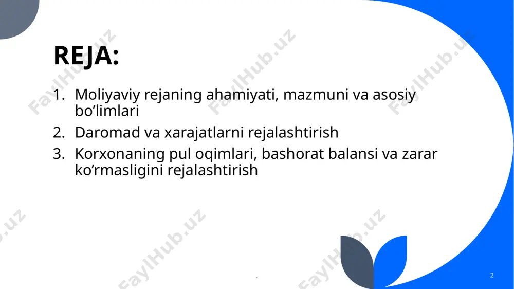 аромадлари; бз - асосий фаолиятдан кўрилган бошқа зарарлар; 1. маҳсулотни сотишдан олинувчи ялпи фойда, маҳсулот сотишдан келиб тушган соф тушум билан сотилган маҳсулотнинг ишлаб чиқариш таннархи ўртасидаги фарқ сифатида аниқланади: яф= сст - ит, бу ерда яф – ялпи фойда; сст – сотишдан келиб тушувчи соф тушум; ит – сотилган маҳсулотнинг ишлаб чиқариш таннархи; корхона фаолиятининг молиявий натижалари қуйидаги фойда кўрсаткичлари билан тавсифланади: 8 3. умумхўжалик фаолияти натижасидан фойда (ёки зарар), қуйидагича ҳисобланади: асосий фаолиятдан олинувчи миқдори плюс даромадлар минус молиявий фаолият бўйича харажатлар. уф = афф қ мд - мх, бу ерда уф- умумхўжалик фаолияти натижасидаги фойда; мд – молиявий фаолият даромадлари; мх - молиявий фаолият харажатлари; 4. солиқ тўланмасдан олдинги фойда, умумхўжалик фаолиятидан олинувчи фойда плюс фавқулодда фойда минус фавқулодда харажатлар сифатида аниқланади. стф = уф қ фп - фз, бу ерда стф - солиқ тўланмасдан олдинги фойда; фп - фавқулодда вазиятларда олинган фойда; фз - фавқулодда вазиятларда …