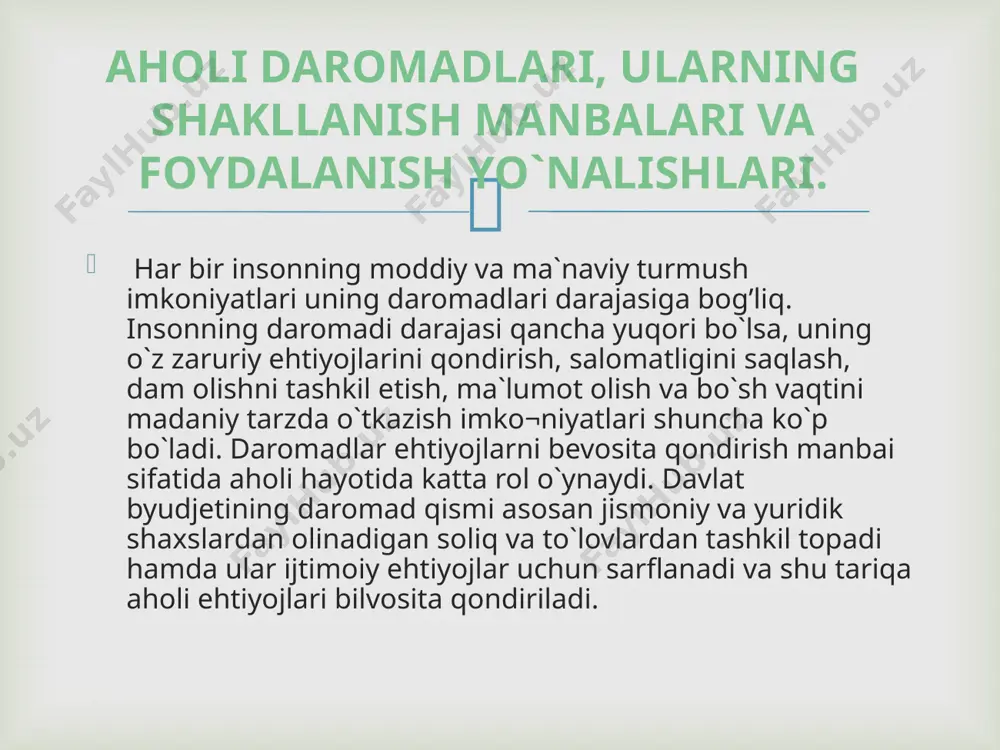 day jamiyatda shunday shaxslar toifasi doimo mavjudki, ular ob`ektiv sabablarga ko`ra (yoshi, sog’ligining yomonligi, mamlakatdagi ishsizlik darajasi va boshqalar) ishlab chiqarishda ishtirok eta olishmaydi. shuning uchun ular to`g’risida qayg’urishni davlat o`z zimmasiga olishi zarur, ya`ni yaratilgan milliy daromadning bir qismini ular foydasiga qayta taqsimlashi lozim. o`zbekistonda respublikasida aholini ijtimoiy muhofaza qilish tizimining o`ziga xos xususiyatlari.  bozor munosabatlarining imkoniyati keng, ammo ayni vaqtda ular g’oyat talabchandir. bozor iqtisodiyoti sharoitida har kimning taqdiri ko`p jihatdan kasb mahoratiga, o`zgarib turgan muhitga moslasha olishiga, tavakkal qilishi, hatto o`z shaxsiy mol-mulkini xavf ostiga qo`yishdan ham qo`rqmay, oilaviy farovonligini ta`minlay olish bilan bog’liqdir. davlat esa bunday sharoitda ijtimoiy totuvlik va barqarorlik kafili bo`lib, adresli ijtimoiy sayosatni mazkur maqsadga yo`naltirib turadi. bunday yordam ko`rsatish uchun o`z-o`zini boshqarish organlari zarur resurslar bilan ta`minlanadi. mahallalarda respublika va mahalliy byudjetlar, shuningdek, korxona hamda tashkilotlar, tadbirkorlik tuzilmalari va ayrim fuqarolar ko`ngilli ravishda o`tkazgan pullar hisobidan maxsus fondlar tashkil qilingan. vakolatli …