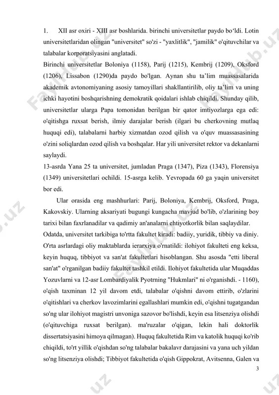 l davom etdi, talabalar o'qishni davom ettirib, o'zlarini o'qitishlari va cherkov lavozimlarini egallashlari mumkin edi, o'qishni tugatgandan so'ng ular ilohiyot magistri unvoniga sazovor bo'lishdi, keyin esa litsenziya olishdi (o'qituvchiga ruxsat berilgan). ma'ruzalar o'qigan, lekin hali doktorlik dissertatsiyasini himoya qilmagan). huquq fakultetida rim va katolik huquqi ko'rib chiqildi, to'rt yillik o'qishdan so'ng talabalar bakalavr darajasini va yana uch yildan so'ng litsenziya olishdi; tibbiyot fakultetida o'qish gippokrat, avitsenna, galen va boshqa mashhur shifokorlarning asarlarini o'rganishni o'z ichiga olgan. to‘rt yillik o‘qishdan so‘ng talabalarga bakalavriat darajasi berildi, ikki yil davomida ular magistratura nazorati ostida shifokorlik bilan shug‘ullanishlari shart edi. keyin, besh yillik o'qishdan so'ng, ularga litsenziya olish uchun imtihon topshirishga ruxsat berildi. triviumning maktab kursiga asoslanib, badiiy fakultet talabalari kvadriumni, ayniqsa geometriya va astronomiyani o'rganish jarayonida sxolastika, aristotel asarlari va falsafani o'rgandilar. ikki yildan so'ng, talabalar bakalavr darajasini oldilar; barcha fakultetlarda ta’limning asosiy maqsadi ilmiy darajalarga erishish edi. fakultetlar ichida talabalar millatiga ko'ra …