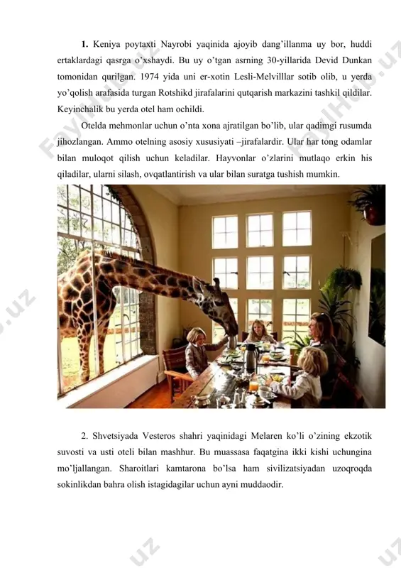 ilgan ushbu joyni otel deyish sal noto’g’riroq. tashrif buyuruvchilarga ko’ngillaridagi orzularini hamda qo’rqinchli tushlarini gavdalantiruvchi xonalarga joylashish taklif qilinadi. 45 xonalardan hech biri bir-biriga o’xshamaydi. bu yerda olovrang xonada, qamoqxona kamerasi ko’rinishidagi xonalarda dam olish mumkin. shuningdek, tobutdaham, ko’zgu orti mamlakatida ham uxlash mumkin. mehmonlarga gilyotina, qafasli, ritsarli qasri, o’yin uchun kubiklardan iborat krovatlar taqdim qilinadi. joylashtirish vositalari va tizimi mehmonxona ishining hozirgi rivojlanishi jahon amaliyotida mijozga (mehmonxona xizmatlaridan foydalanuvchiga) mazkur xizmatlar bozorlaridagi narx-navoga qarab ko‘p variantli mehmonxona servisini taklif qiladi. har yili ommaviy axborot vositalari ko‘p sonli mijozlarga mazkur servis turidagi faoliyatning yangi shakllari haqida ma’lumot beradi. bundan 100 yil oldin joylashtirish korxonalarning faqat ikkita turi mavjud bo‘lgan: · jamiyatning oliy tabaqasi vakillari uchun hashamatli mehmonxonalar; · aholining qolgan qismi uchun karvonsaroylar. vaqtini yo‘lda o‘tkazishga majbur bhlgan odamlarda tanlash imkoniyati bo‘lmagan. bugungi kunda mehmonxona mahsulidan foydalanuvchilarga joylashtirish korxonalarining rang-barang shakllari va turlari, chunonchi, iqtisodiy klassga mansub bo‘lgan hashamatli otellar …