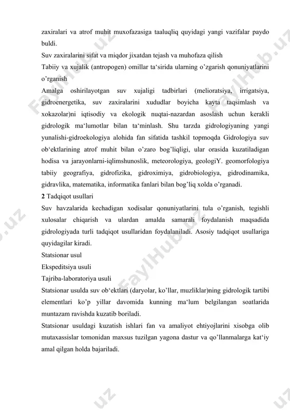 kuzatish ma‘lumotlaridan va boshqa axborot vositalaridan ilmiy xulosalar chiqarishga asoslangandir. 3 yer kurrasida quruqlik va suvning taqsimlanishi. yer sirtining okeanlar va dengizlar suvlari bilan qoplangan yuzasi umumiy nom bilan dunyo okeani deb ataladi. gidrosfera dunyo okeanidan tashqari, yuqorida aytilganidek, quruqlikdagi suvlar-daryolar, ko’llar va muzliklardan, atmosferadagi suv bug’laridan, tuproqdagi nalikdan, shuningdek yer osti suvlaridan tashkil topgan. yer kurrasi umumiy maydoni (510 mln. km2)ning 361 mln.km2 yoki 71 foizini dunyo okeani egallagan, quruqliklar yuzasi esa 149 mln. km2 yoki uning 29%ni tashkil etadi. quruqklikdagi barcha ichki suv havzalarining yig’indi maydoni uning umumiy maydonining 3%dan kamrog’ini, muzliklar esa taxminan 1% ni tashkil etadi. yer kurrasida quruqlik va suv yuzalari notekis taqsimlangan: quruqlikning katta qismi shimoliy yarim sharda bulib, uning yuzasi 39% ni tashkil etadi; janubiy yarim sharda esa quruqlik bor yug’i 19% ni egallagan. bunday taqsimlanish atmosferaning umumiy sirkulyatsiyasiga va suvning tabiatda aylanishiga katta ta‘sir ko’rsatadi. gidrosferaning turli qismlarida suv miqdorining taqsimlanishi tug’rsidagi …