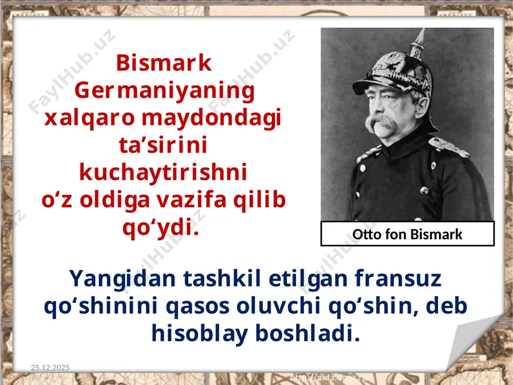 90-yillarning oxirida shandun (xitoy) provinsiyasining bir qismi bosib olindi. vilgelm ii xix asr oxiridan boshlab, germaniya - turkiya munosabatlari tobora yaqinlashib bordi. 07.11.2019 12 turkiya germaniya qiyofasida o‘z xaloskorini ko‘rgandek edi. ayni paytda, germaniya harbiy dengiz floti qudrat jihatidan ikkinchi o‘ringa chiqib olgan edi. 07.11.2019 13 imperator maqsadini ro‘yobga chiqarish uchun yangi harbiy kemalar qurish ishi jadallashtirib yuborildi. 1905-yilda germaniya qurolli kuchlari bosh shtabi ikki frontda, ya’ni ham g‘arbda, ham sharqda (rossiyaga qarshi) urush olib borish rejasini ishlab chiqdi. 07.11.2019 14 savol va topshiriqlar 1. germaniya tashqi siyosatining asosiy maqsadi nima edi? 2. germaniya, avstriya-vengriya va italiya harbiy-siyosiy ittifoqi qay tariqa vujudga keldi? 3. nega germaniya yevropaning eng buyuk davlatlari hisoblangan buyuk britaniya, fransiya va rossiyaning hech bo‘lmaganda bittasi bilan ham ittifoq shartnomasi tuza olmadi? 4. germaniyaning i jahon urushiga zo‘r berib ko‘rgan tayyorgarligini misollar bilan asoslang. 5. bugungi germaniya federativ respublikasi va fransiya munosabatlariga doir ma’lumotlarni to‘plang. 15 image2.jpeg …