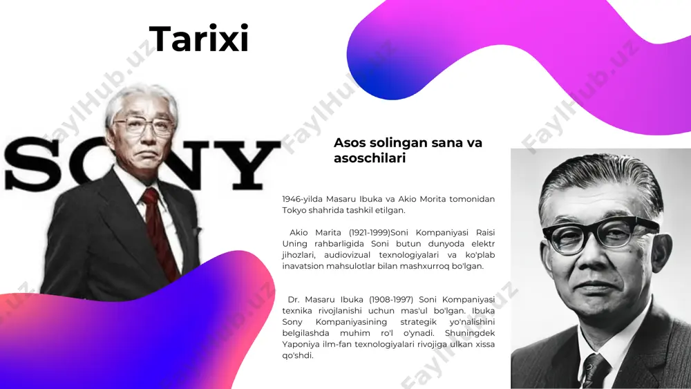 i ishtirokchisiga aylantirdi. shu bilan birga, u sun’iy intellekt va avtomobil texnologiyalari kabi innovatsion yo'nalishlarga ham katta e’tibor qaratmoqda. zamonaviy ishlab chiqarish va kelajakdagi rejalar zamonaviy ishlab chiqarishi kelajakdagi rejalar kompaniya hozirgi vaqtda o'zining playstation 5 uskunalari bilan bozorni egallab turibdi, undan tashqari sony pictures va music kino - film va musiqa yo'nalishida yetakchi o'rinlarda.ai texnalogiyasiga asoslanib kamerani, robot va avtomabil texnalogiyalarini yaratmoqda.kompaniya oled ekranlar,8k texnalogiyasi, audio tizimlari yaratishda yuksalmoqda. kompaniya metavers va virtual haqiqat (vr) virtual dunyo yaratish imkoniyatlarini taklif qilmoqda, kompaniya "road to zero" strategiyasini e'lon qilgan. unga ko'ra 2050-yilgacha uglerog neytraligiga erishish ko'zlangan. bulitli xizmatlarga ham anchagina mablag' tikilgan, suniy intellekt va robotatexnika tizimlaridan ko'proq sohalarda foydalanish. bozorni kengaytrish, osiyo va afrika mintaqalariga o'z maxsulotlarini ko'proq kritish. . etiboringiz uchun raxmat