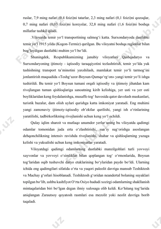 g rivojlanishi uchun keng yo‘l ochildi. qulay iqlim sharoit va mutlaqo unumdor yerlar uning bu viloyatda qadimgi odamlar tomonidan juda erta o‘zlashtirishi, sun’iy sug‘orishga asoslangan dehqonchilikning intensiv ravishda rivojlanishi, shahar va qishloqlarning yuzaga kelishi va yuksalishi uchun keng imkoniyatlar yaratadi. viloyatdagi qadimgi odamlarning dastlabki manzilgohlari turli yovvoyi xayvonlar va yovvoyi o‘simliklar bilan qoplangan tog‘ o‘rmonlarida, boysun tog‘laridan oqib tushuvchi daryo etaklarining bo‘ylaridan paydo bo‘ldi. ularning ichida eng qadimgilari sifatida o‘rta va yuqori paleolit davriga mansub teshiktosh va machay g‘orlari hisoblanadi. teshiktosh g‘oridan neandertal bolaning suyaklari topilgan bo‘lib, ushbu kashfiyot o‘rta osiyo hududi xozirgi odamlarning shakllanish mintaqalaridan biri bo‘lgan degan ilmiy xulosaga olib keldi. ko‘hitang tog‘larida aniqlangan zarautsoy qoyatosh rasmlari esa mezolit yoki neolit davriga borib taqaladi. surxondaryo viloyati hududidagi kushonlar davriga oid arxeologik yodgorliklar nihoyatda ko‘p va xilma-xildir. dalvarzintepa va xolchayonda o‘tkazilgan qazilmalar kushonlar shahri yuksak madaniyat o‘choqlari bo‘lganligini ko‘rsatadi. bu davrda xunarmandchilik va qishloq ho‘jaligining intensiv ravishda rivojlanishi, tovar-pul …