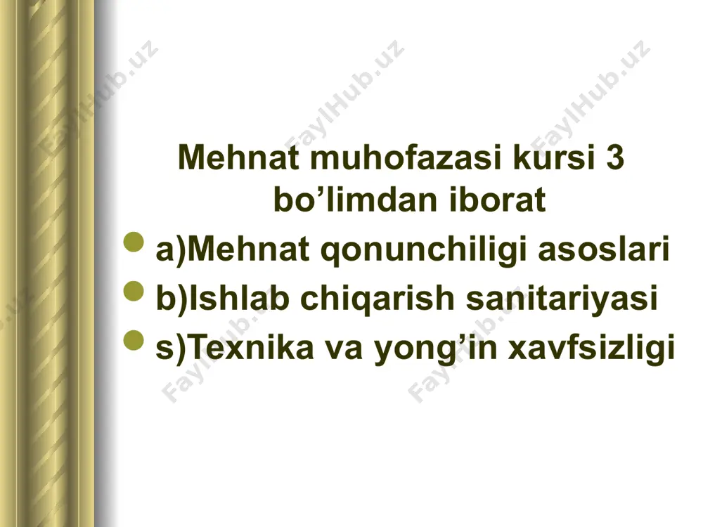 hlar jumlasiga kiradi. kishi shu muhitda sanitariya va gigiyena qoidalariga amal qilgan holda mehnat qiladi. bunday mehnat sharoitining inson organizmiga ta'sirini «mehnat gigiyenasi» fani o'rganadi va u quyidagilarni amalga oshiradi: — korxonalarda, ishlab chiqarish binolarida havo muhitini tekshirish, kimyoviy moddalar (gaz, bug', aerozol va shunga o'xshash moddalar)ning, shuningdek, changning qay darajada mavjudligini, ularning tarkibi ya miqdorini aniqlash, texnik suvni tekshirish; ishlab chiqarishdagi meteorologik omillarni (harorat, namlik va havoning harakat tezligini) aniqlash; mahalliy va umumiy titrash (vibratsiya)ni aniqlash; ishlab chiqarishdagi shovqin darajasini aniqlash; nurlanganlikni tekshirish; ish joyining qay darajada yoritilganligini aniqlash; havo almashuvini tekshirish (ventilyatsiya); mehnat fiziologiyasi bo'yicha tekshirish (yurak-qon-tomir tizimining holati, nafas olish funksiyasi, muskul kuchi va asab tizimini eng oddiy usullar bilan tekshirib baho berish). yangi mavzuni mustahkamlash: krassvord yechish. uyga vazifa: yangi mavzuni o’qib mustahkamlash va mavzuga oid test savollari tuzib kelish foydalaniladigan adabiyotlar ro’yxati l.qudratov t.g’aniyev “mehnatni muhofazasi” toshkent 2002 yil 94-109 betlar h.e.g’oyipov “mehnat muhofazasi” toshkent …