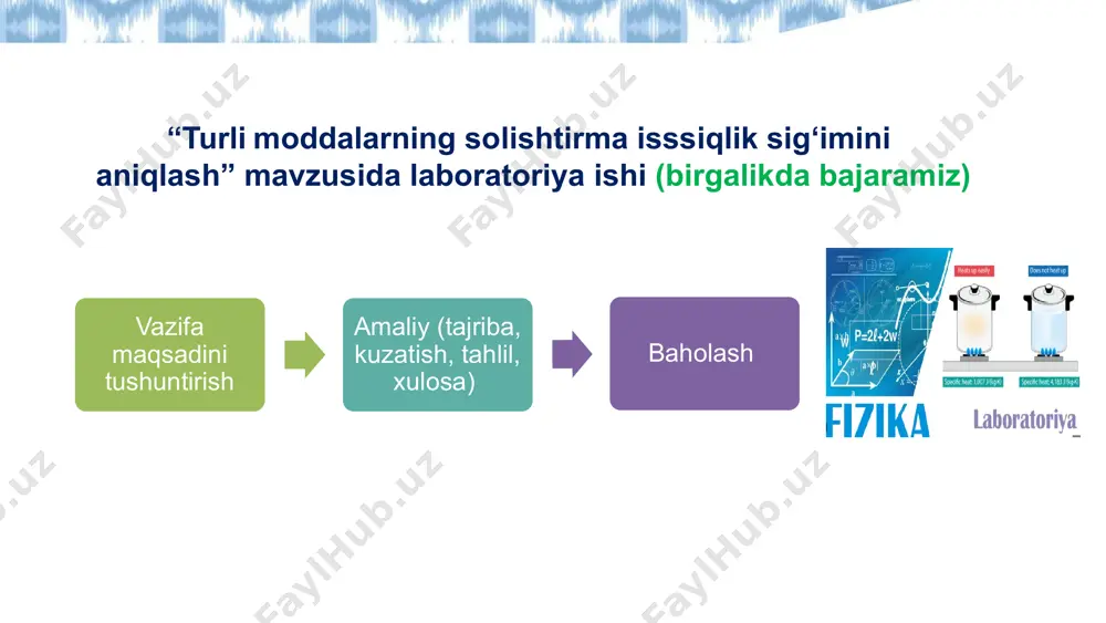 jani taqdim etadilar. o‘rganish tadqiqot g‘oya loyiha ishini tashkil etish bosqichlari: 1. loyihaning mavzusini tanlash o‘quvchilarning yoshi, saviyasi va qiziqishlaridan kelib chiqib tanlanadi. mavzu ijtimoiy ahamiyatli, dolzarb va amaliy bo‘lishi kerak. misol: “mahallamiz ekologik holatini o‘rganish”, “tuproq kapilyarligi darajasi va o‘simlik o‘sishi o‘rtasidagi bog‘liqlik”. 2. maqsad va vazifalarni aniqlash loyiha nimani o‘rganadi? qanday savollarga javob izlaydi? o‘quvchilar nima o‘rganadi va qanday ko‘nikma hosil qiladi? 3. reja bosqichlarini aniqlash ma’lumot yig‘ish, tahlil qilish, natijani tayyorlash. vaqt taqsimoti: har bir bosqichga qancha vaqt ajratiladi. zarur resurslar va materiallar aniqlanadi. loyiha ishini tashkil etish bosqichlari: 4. ijro bosqichi o‘quvchilar mustaqil yoki jamoaviy ishlaydi. o‘qituvchi yo‘l-yo‘riq ko‘rsatadi, kuzatadi va maslahat beradi. 5. natijani taqdim etish taqdimot, poster, videorolik, loyiha daftarchasi yoki hisobot shaklida. taqdimotda quyidagilar bo‘lishi kerak: mavzu, maqsad, usullar, natijalar, xulosalar. 6. baholash jarayon va natija asosida baholanadi. o‘quvchining ishtiroki, mustaqilligi, ijodiy yondashuvi, natijalar sifati hisobga olinadi. o‘zaro baholash va o‘z-o‘zini baholash ham …