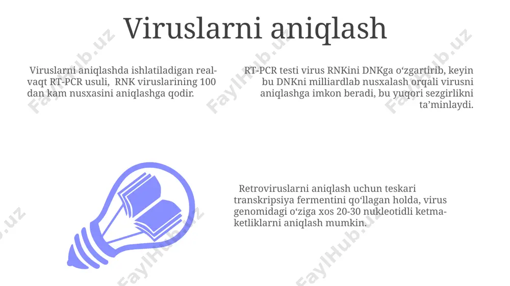 i. teskari transkripsiya rnk molekulasidan dnk molekulasini sintez qilish jarayoni boʻlib, 70-yillarda kashf etilgan va retroviruslarning replikatsiyasi uchun muhim ahamiyatga ega. gen terapiyasi adeno-assosiatsiyalangan viruslar (aav) kabi vektorlar, genlarni maqsadli hujayralarga yetkazishda muhim vosita bo'lib xizmat qiladi va ularning samaradorligi 70% dan yuqori bo'lishi mumkin. gen terapiyasi, o'zgartirilgan genlarni bemorning hujayralariga kiritish orqali irsiy kasalliklarni davolashga qaratilgan bo'lib, hozirgi kunda 2000 dan ortiq klinik tadqiqotlar o'tkazilmoqda. crispr-cas9 kabi gen tahrirlash texnologiyalari gen terapiyasida muhim rol o'ynaydi, ularning yordamida genomdagi aniq nuqtalarga 90% dan yuqori aniqlikda ta'sir qilish mumkin. tadqiqotlarda qo'llanilishi mikrornklarni o'rganishda, ularning ifodalanish darajasini aniqlashda teskari transkripsiya orqali cdna sintez qilish qo'llaniladi va bu jarayon 20-30 ta mikrornkni bir vaqtning o'zida tahlil qilish imkonini beradi. rt-pcr usulida 10 6 dan ortiq virus rnk nusxalarini aniqlash va miqdorini aniqlashda teskari transkripsiya muhim ahamiyatga ega. kanser hujayralarida gen ekspressionini o'rganishda, teskari transkripsiya yordamida olingan cdna mikromatriks analizi yoki real-time pcr kabi …