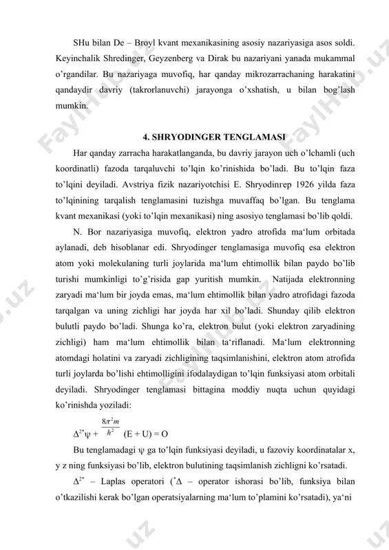 aza to’lqinining uch o’lchamli amplitudasidir. (2 dxdydz ((2 dv) tekshirilayotgan zarrachaning berilgan kichik dv hajmda bo’lish ehtimolligini ifodalaydi. shu sababdan (2 dv shu hajm elementidagi zarracha (elektron) zaryadi zichligining kattaligidir. shryodinger tenglamasini yechish shuni ko’rsatadiki, atom orbitallar uch xil bo’ladi, ular kvant sonlar deb ataladigan raqamlar bilan ifodalanadi. dastlab, quyidagi keltirilgan uch xil kvant soni: bosh kvant soni (n), orbital kvant soni (l), magnit (yoki azimutal) kvant soni (m) kiritiladi. elektronning atomdagi holatini tasvirlovchi to’lqin funksiyasi uchta kvant soni n, l, m ga bog’liq. elektronning energetik holati esa n, l qiymatlarga bog’liq, bu sonlarning qiymati yaxlit sonlarga teng bo’ladi va demak, elektr energiyasi diskret qiymatga ega bo’ladi. so’ng to’rtinchi kvant soni – spin kvant soni (s) borligi kuzatiladi. bu kvant soni shryodinger tenglamasida e‘tiborga olinmagan. hozircha shryodinger tenglamasi faqat нioni uchun aniq yechilgan. biror sistemani kvant mexanika yordamida tekshirish, eng avvalo uning to’lqin funksiyasini tuzish va uni yechish yo’li bilan …