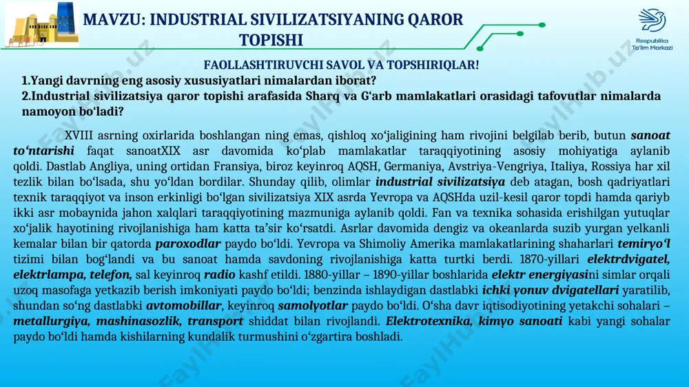 sfatlarga boy temir rudalaridan foydalanish imkonini yaratdi va mahsulotning sifatini keskin oshirdi. natijada 1870-yildan 1900-yilgacha jahonda poʻlat ishlab chiqarish 56 barobar oʻsdi. sanoatda temir davri oʻrniga poʻlat davri boshlandi. xix asrning soʻnggi oʻttiz yili yirik sanoat ishlab chiqarishining jadal taraqqiyot davri bo‘ldi. taraqqiyotning yangi bosqichi sanoatni tashkil qilishning yangi shakllarini talab qildi. bu yirik ishlab chiqarishning keskin rivojlangan davri ulkan moliyaviy sarf-xarajatlarni talab qilardi. bunday katta mablagʻlarni bir joyga toʻplash uchun aksionerlik kompaniyalari tashkil qilindi. bu kompaniyalar yirik banklar va sanoatchilarga oʻz mablagʻlarini bir joyga jamlash imkonini berdi. ammo shu tariqa paydo boʻlgan moliya oligarxiyasi tezda jamiyatning tor elita qatlamiga aylanib, industrial sivilizatsiya qaror topgan ilgʻor mamlakatlarda xx asr boshiga kelib iqtisodiy va siyosiy yetakchilikni qoʻlga oldi. bunday jarayonlar keyinchalik kapitalistik rivojlanish yoʻliga oʻtgan bir qator sobiq sotsialistik mamlakatlarda xx asr oxiri – xxi asr boshlarida ham kuzatildi. o‘ylab ko‘ring va mantiqiy xulosa chiqaring! yevropada qanday asosga tayanilib ilmiy-texnika inqilobi …