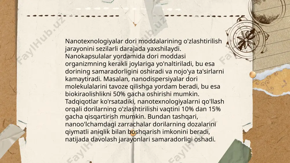 niqlash uchun aniq yechimlar kashf qilinmoqda — bir necha nanometr hajmdagi zarrachalar o'simtani topish va u bilan kurashishda yangi imkoniyatlar yaratadi. shu bilan birga, nanotasvirlash texnologiyalari mikroskopik darajadagi o'zgarishlarni ham aniqlashda qo'llaniladi. ... t.me/slaydai_bot immunoterapiyada nanotexnologiyalarning roli katta ahamiyat kasb etadi. nanotexnologiyalar yordamida dori vositalarining etkazib berish tizimlari takomillashtiriladi, bu esa immun javobni kuchaytirishga yordam beradi. nanomateriallar immun hujayralarni mo‘ljallangan joyga etkazishda samaradorligini oshirish imkonini beradi. statistikaga ko‘ra, so‘nggi yillarda nanotexnologiyalar orqali talay kasalliklarning immunoterapiyasi muvoffaqiyatli ravishda amalga oshirilmoqda. masalan, nanotaşıyıcı tizimlar yordamida saraton hujayralariga mo‘ljallangan dorilarni aniq yetkazish imkoniyati ortadi, bu esa sog‘lom to‘qimalarga zarar etkazmaslikka yordam beradi. shu yo‘l bilan immunoterapiyaning samaradorligi oshirib, nojo‘ya ta’sirlarini kamaytirish mumkin bo‘ladi. bugungi kun tibbiyotning turli soxalarida nanotexnalogiyalardan foydalanishning asosiy sabablari hamda uning natijalari kokand universty andijon filialli davolash ishi 131-gurux talabasi isroilova nozimaning tat fanidan mustaqil ishi e'tiboringiz uchun raxmat! image1.png image2.png image3.png image4.jpg image5.png image6.jpg image7.jpg /docprops/thumbnail.jpeg