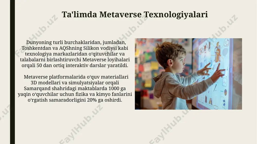 h koʻrsatkichi 15 foizga oshdi, bu esa 3 oylik tajriba natijasidir. interaktiv video darsliklar 2023-yilda aqshning 15 ta oliy oʻquv yurti tomonidan qoʻllanilgan boʻlib, talabalarning 30% faol ishtiroki va 20% ball oʻsishini taʼminladi. interaktiv o'yinlar va simulyatsiyalar interfaol o'yinlar, masalan, "kahoot!" yoki "quizizz" platformalari, 100 dan ortiq talaba bilan bir vaqtning o'zida real vaqt rejimida o'tkaziladigan testlar va viktorinalar orqali o'quv jarayonini 20% ga tezlashtirishi mumkin. simulyatsiyalar, jumladan, "google earth" yordamida, geografik joylarni, masalan, qozog'istonning dashtlarini yoki braziliyaning amazon o'rmonlarini 3d ko'rinishida o'rganish imkonini berib, 50 dan ortiq virtual sayohatlarni taqdim etadi. interaktiv dasturlar va ilovalar interaktiv o'quv dasturlari va mobil ilovalari, masalan, duolingo yoki khan academy, 20 dan ortiq tilni o'rgatishda 30 million dan ortiq foydalanuvchiga ega bo'lib, dunyoning turli burchaklaridan, shu jumladan o'zbekiston va aqshdan foydalanuvchilarni jalb qilmoqda. interaktiv virtual reallik (vr) texnologiyalari, 3d modellardan foydalanib, 100 dan ortiq tarixiy ob'ektlarni, masalan, samarqanddagi registon maydonini virtual ravishda o'rganish …