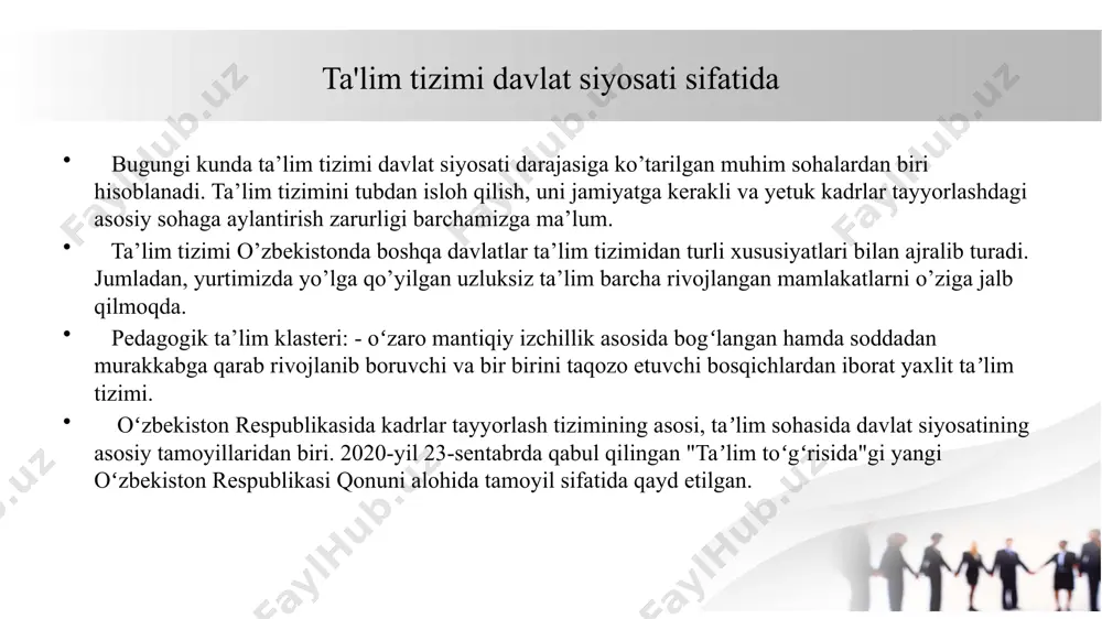 ilardan iborat: taʼlimning ustuvorligi — uning rivojlanishining birinchi darajali ahamiyatga ega ekanligi, bilim, taʼlim va yuksak intellektning nufuzi; taʼlimning demokratlashuvi — taʼlim va tarbiya uslublarini tanlashda oʻquv yurtlari mustaqilligining kengayishi, taʼlimni boshqarishning davlat jamiyat tizimiga oʻtilishi; taʼlimning insonparvarlashuvi — inson qobiliyatlarining ochilishi va uning taʼlimga boʻlgan turli tuman ehtiyojlarining qondirilishi, milliy va umumbashariy qadriyatlar ustuvorligining taʼminlanishi, inson, jamiyat va atrof-muhit oʻzaro munosabatlarining uygʻunlashuvi; taʼlimning ijtimoiylashuvi — taʼlim oluvchilarda estetik boy dunyoqarashni hosil qilish, ularda yuksak maʼnaviyat, madaniyat va ijodiy fikrlashni shakllantirish; taʼlimning milliy yoʻnaltirilganligi — taʼlimning milliy tarix, xalq anʼanalari va urf-odatlari bilan uzviy uygʻunligi, oʻzbekiston xalqlarining madaniyatini saqlab qolish va boyitish, taʼlimni milliy taraqqiyotning oʻta muhim omili sifatida eʼtirof etish, boshqa xalqlarning tarixi va madaniyatini hurmatlash; taʼlim va tarbiyaning uzviy bog’liqligi, bu jarayonning har tomonlama kamol topgan insonni shakllantirishga yoʻnaltirilganligi; uzluksiz ta'limning dastlabki bosqichlari uzluksiz ta’lim orqali yoshlarni bilimli va savodxon bo’lib yetishishlari, eng muhimi, jamiyat uchun kerakli kadr …
