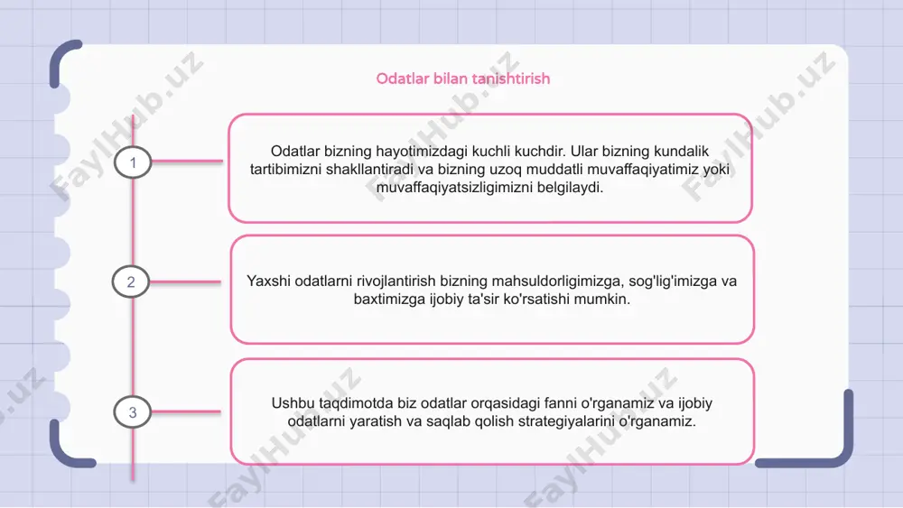 diq qolishni osonlashtiradi. o'zingizni ijobiy ta'sirlar bilan o'rab olish va muvaffaqiyatingizni kuzatish sizning majburiyatlaringizni kuchaytirishga yordam beradi. muvaffaqiyat uchun odatlar ijobiy odatlarni rivojlantirish har qanday urinishda muvaffaqiyatga erishish uchun juda muhimdir. maqsadlarimizga mos keladigan odatlar bilan doimiy ravishda shug'ullanish orqali biz ijobiy impuls yaratishimiz va to'siqlarni engib o'tishimiz mumkin. muvaffaqiyatning asosiy odatlaridan biri maqsadni belgilashdir. aniq, aniq maqsadlarni qo'yish va ularni amalga oshirish mumkin bo'lgan bosqichlarga bo'lish orqali biz kuch va sa'y-harakatlarimizni haqiqatan ham muhim bo'lgan narsalarga qaratishimiz mumkin. yana bir muhim odat - vaqtni boshqarish. vaqtimizni samarali boshqarish va vazifalarni ustuvorlik qilish orqali biz samaradorlikni oshirishimiz va maqsadlarimizga erishishimiz mumkin. salomatlik uchun odatlar sog'lom odatlarni rivojlantirish salomatlik va umumiy farovonlikni saqlash uchun juda muhimdir. bu odatlar muvozanatli ovqatlanish, muntazam jismoniy mashqlar qilish va etarlicha uxlashni o'z ichiga oladi. ushbu odatlarni kundalik hayotingizga kiritish yurak xastaliklari, diabet va semirish kabi surunkali kasalliklarning oldini olishga yordam beradi. shuni yodda tutish kerakki, …