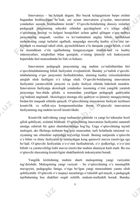 ngi shаrti – bu o‘qituvchining mаdаniyat vа mulоqоtgа shаyligi. o‘qituvchining innоvаtsiоn fаоliyati vоqеlikni o‘zgаrtirishgа, uning muаmmоlаri vа usullаrini yechishni аniqlаshgа qаrаtilgаn. innovatsion texnologiyalar kun sayin rivojlanib borayotgan bugungi shiddatkor zamonda yosh avlodning ma’naviy-ilmiy dunyoqarashini kengaytirish borasida samaradorlikka erishish zarurati o‘sib bormoqda. bo‘lajak pedagog kadrlar faoliyatining innovatsion xarakter kasb etishi ja’miyat ehtiyojiga aylandi. yurtimizda yangi renesans davri poydevorini qurish oliy maqsadimizga aylanar ekan, buning uchun avvalo kelajak davomchilari bo‘lmish farzandlarimiz ta’lim-tarbiyasining har tomonlama mukammal bo‘lishi muhim mas’uliyatdir. shuning uchun bolani erta yosh davridan boshlab yetuk malakali pedagoglar tarbiyasini olishi g’oyatda zarur hisoblanadi. bilimli va ijodkor murabbiy, albatta, bolani ijobiy rivojlantirishda zamonaviy va sifatli natijalarni kafolatlay oladigan innovatsion metodlarni bolalar faoliyatida foydalanish yo‘llarini izlab topadi. bizga ma’lumki, innovatsiyalar uzluksiz ta’lim tizimini rivojlantirishning yetakchi omillaridan hisoblanadi. ular ta’lim jarayonida bolalarning sifatli bilim olishlarini kafolatlabgina qolmay, ularning intellektual qobiliyati, mustaqillik tafakkurini shakllantirishga olib keladi. demak, innovatsiyalar yangiliklar asosida vujudga keladi va ta’lim jarayonini rivojlantirishda …