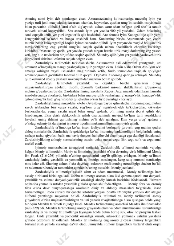 ular kuyidagilardir: moddiy sabab, yaratuvchi sabab, aloqador bulmagan sabab. bu falsafiy maktab haqida buyuk bobokalonimiz abu rayhon beruniy “hindiston” asarida atroflicha fikr yuritgan qadimgi xitoy falsafasi. qadimgi xitoyda fan va madaniyat o‘ziga xos shaklda rivojlangan. eramizdan avvalgi ikki minginchi yilning o‘rtalariga kelib, yuan-in davlatida muayyan xo‘jalik shakli yuzaga kelgan. eramizdan avvalgi xii ayerda esa urushlar natijasida davlat chjou qabilasining qo‘liga o‘tgan. bu hokimiyat eramizdan avvalgi iii ayergacha davom etgan. bu vaqtda diniy mifologik dunyoqarash hukmronlik qilgan. u olam va tabiatning paydo bo‘lishini o‘ziga xos tarzda tushuntirgan va dunyoviy bilimlar rivojiga o‘z ta’sirini o‘tkazgan. bunday ruxdagi falsafiy g‘oyalar ayniqsa qadimgi xitoy donishmandi konfutsiy (551—479) ijodida yaqqol aks etgan. uning “hikmatlari” , ya’ni aforizmlari juda mashxur. konfutsiy ta’limotida umuminsoniy qadriyatlarning xitoy xalqi turmush tarzida o‘ziga xos tarzda namoyon bo‘lishi, bu xalqqa xos ma’naviy mezonlar aks etgan. bu ta’limot bir necha asrlar davomida ushbu hududda milliy g‘oyalar majmui, millatning mafkurasi sifatida odamlarning ma’naviy …