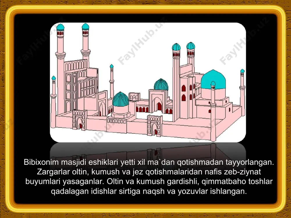 (yuzi niqobda) odamlar orasida turgan holati va me`rojga chiqishlariga oid lavhalar uchraydi. mirzo ulug`bek davrida samarqandda birinchi akademiyaga asos solindi, yer kurrasini o`lchash va falaqqiyotshunoslik jadvallarini tuzish ishlari amalga oshirildi. samarqand rasadxonasining qurilishi ulkan madaniy voqea bo`lib, jihozi va ilmiy yutuqlari jihatidan unga teng keladigan rasadxona yo`q edi. rasadxonada ulug`bek matematika, geometriya, falaqqiyotshunoslikda chuqur bilimlar sohibi edi. ali qushchi, muhammad хavofiylar uning sevimli shogirdlari bo`lgan. xv asrning ikkinchi yarmi o`zbek adabiyotining eng rivojlangan davri bo`lib, bu yuksalik тemuriy boyqaro va o`zbek adabiyotining porloq quyoshi navoiy nomlari bilan bog`liq. boyqaro hukmronligi davrida adabiyot, san`at va fanning ko`p sohalari rivojiga katta ahamiyat bergan. markaziy osiyoda xi asrdan boshlab yoyila boshlagan tasavvuf ta`limoti bu davrga kelib movarounnaxr va хurosonda tasavvufning yassaviy, kubroviya, qodiriya va ayniqsa naqshbandiya tariqati ma`naviy hayotda katta rol o`ynaydi. naqshbandiya tariqati yusuf hamadoniy g`ijduvoniy va xiv asrga kelib bahovuddin naqshband nomi bilan uzviy bog`liq bo`lib, bu ta`limot xv asrda nazariy …