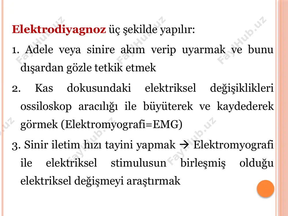 i hafta sonra tam dejenerasyon reaksiyonu görülür. 2-tam dejenerasyon reaksiyonu evresi lezyonun şiddetine göre birkaç haftadan bir yıla kadar veya daha uzun sürer. 3-son evre ya istemli fonksiyon ve akıma cevap biraz geri döner veya mutlak dejenerasyon gelişir. dejenerasyon reaksi̇yonuna sebep olan faktörler 1-sinir veya sinir kökünün tam kesileri, 2-sinir üzerine herhangi bir basınç (koltuk değneği gibi) veya kemik iyileşmesi sırasında meydana gelen kallusun sinire basıncı, 3-sinirlerin fazla çekilip gerilmesinden doğan durumlar (erb felci gibi) 4-toksik nöropatiler (alkolik, diabetik), kurşun, civa zehirlenmeleri, 5-medulla spinalisin ön boynuzunun harabiyetinden ileri gelen durumlar (poliomyelit, siningomyelit v.s.). anormal reaksi̇yonlar bir kas motor noktadan kesikli galvani ile stimüle edilirse devrenin her açılış kapanışında kastan cevap alınır ki buna “pflüger kanunu” denir. anormal reaksi̇yonlar 1-longitudinal reaksiyon:doumer reaksiyonu da denir. kas stimüle edildiği zaman cevabın motor noktadan değil de daha aşağıda, tendona yakın bir yerden alınmasıdır. 2-remark reaksiyonu: kas stimüle edildiği zaman cevabın ani olacağı yerde uzun …