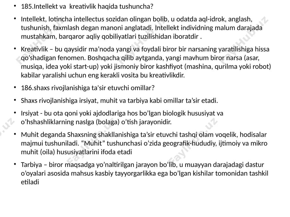 qali tabiatga, narsalarga, boshqa kishilarga ta’sir ko‘rsatadi. faoliyatda u o‘z ichki xususiyatlarini ishga solnb va namoyon qilib, narsalarga nisbatan subyekt sifatida, odamlarga nisbata esa shaxs sifatida gavdalanadi. o‘z navbatada ularning javobiy ta’sirotini his qilgan holda, u shu yo‘l bilan odamlarning, narsalariing, tabiat va jamiyatninghaqiqiy, obyektiv, muhim xususiyatlarini bilib oladi. uning qarshisida narsalar obyektlar sifatida, odamlar esa shaxs sifatida gavdalandi motivatsiya – inson xulq-atvori, uning bog‘lanishi, yo‘nalishi va faolligini tushuntirib beruvchi psixologik sabablar majmuini bildiradi. bu tushuncha u yoki bu shaxs xulqini tushuntirib berish kerak bo‘lganda ishlatiladi, ya’ni: «nega?», «nima uchun?», «nima maqsadda?» degan savollarga javob qidirish- motivatsiyani qidirish demakdir. 189.motiv va motivatsiya haqida tushuncha ? motiv tushunchasiga olimlar tomonidan quyidagicha ta'rif beriladi: a.maslouning fikricha, motiv bu ehtiyojlar yig’indisidir. s.l.rubinshteynning ta'kidlashicha, motiv bu ehtiyojning his qilinishi va qondirilishi. s.l rubinshteyn. "motivatsiya - bu psixika orqali amalga oshuvchi determinasiyadir". a.n.leontev - motivni inson faoliyatiga yo’nalgan aniq ehtiyojlar va uni qo’zg’atadigan voqelik deb …
