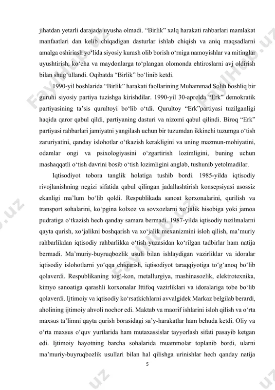sloh qilish, ma’muriy rahbarlikdan iqtisodiy rahbarlikka o‘tish yuzasidan ko‘rilgan tadbirlar ham natija bermadi. ma’muriy-buyruqbozlik usuli bilan ishlaydigan vazirliklar va idoralar iqtisodiy islohotlarni yo‘qqa chiqarish, iqtisodiyot taraqqiyotiga to‘g‘anoq bo‘lib qolaverdi. respublikaning tog‘-kon, metallurgiya, mashinasozlik, elektrotexnika, kimyo sanoatiga qarashli korxonalar ittifoq vazirliklari va idoralariga tobe bo‘lib qolaverdi. ijtimoiy va iqtisodiy ko‘rsatkichlarni avvalgidek markaz belgilab berardi, aholining ijtimoiy ahvoli nochor edi. maktab va maorif ishlarini isloh qilish va o‘rta maxsus ta’limni qayta qurish borasidagi sa’y-harakatlar ham behuda ketdi. oliy va o‘rta maxsus o‘quv yurtlarida ham mutaxassislar tayyorlash sifati pasayib ketgan edi. ijtimoiy hayotning barcha sohalarida muammolar toplanib bordi, ularni ma’muriy-buyruqbozlik usullari bilan hal qilishga urinishlar hech qanday natija bermadi. xalq orasida pinhona o‘sib borayotgan ishonchsizlik, loqaydlik kayfiyatlari asta-sekin yuzaga chiqa boshladi. ruxsat etilmagan mitinglar, namoyishlar o‘tkazish hollari, hatto noxush voqealar ham sodir bo‘la boshladi. xx asrning 90 yillarida o'zbekiston ekologiyasining buzilishini quyidagi tabiiy holatlar belgilaydi: birinchidan, atmosfera havosining haddan tashqari bulg'anayotganligidandir. o'zbekiston shaharlarining …