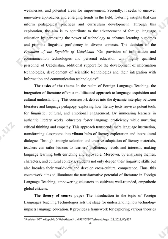 t or enhance these theories. by contextualizing the importance of foreign language teaching technologies, this introduction aims to spark interest in exploring innovative pedagogical approaches that integrate technology seamlessly into language education practices, ultimately enhancing learning outcomes for students. the methodological framework basis of the course work on foreign language teaching technologies lies in the integration of theoretical principles and practical applications. it encompasses a comprehensive examination of language acquisition theories, pedagogical approaches, and technological advancements in language education. the course delves into methodologies such as communicative language teaching, task-based learning, and blended learning, considering their efficacy in diverse educational contexts. it emphasizes the role of technology as a facilitator in language instruction, exploring tools like multimedia resources, online platforms, and language learning apps. additionally, the course critically evaluates the impact of cultural factors on language teaching and learning processes. by combining theoretical frameworks with hands-on implementation strategies, students gain …