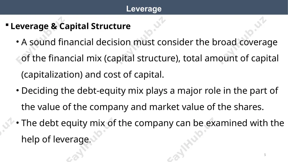 60) financial leverage. the degree of financial leverage (dfl) is the numerical measures of the firm’s financial leverage. dfl also called the coefficient of fl is the percentage change in eps (dependent variable) that results from a given percentage change in ebit (independent variable). 20 refer the above example and find dfl case 1; dfl at br.10,000 ebit = 5.80 -3.20 / 3.2 = 2.6 /3.2 = +81.25% = 2.03 4000/10,000 0.4 +40% case 2; dfl at br.10,000 ebit = 3.20 -5.80 / 3.2 = -2.6 /3.2 = -81.25% = 2.03 4000/10,000 0.4 -40% or financial leverage. 21 the degree of financial leverage (dfl) measures the responsiveness of eps to changes in operating profits. the degree of financial leverage is the percentage change in earnings per share (eps) relationship can be symbolically expressed as follows: financial leverage. assume nile company’s has earned profits before interest and taxes of br.10,000 in …