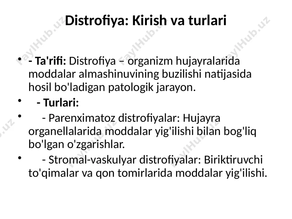 inni parchalaydigan fermentlarning yetishmovchiligidir, bu tirozinning toksik moddalarga aylanishiga olib keladi. tirozinozning ikki turi mavjud: 1. i tip tirozinoz (gipermetioninemik tirozinoz) – bu kasallik eng og‘ir turi bo‘lib, ferment fumarilatssetat gidrolaza (fah) yetishmovchiligi tufayli kelib chiqadi. 2. ii tip tirozinoz (richner-hanhart sindromi) – bu turda tirozin aminotransferaza (tat) fermentining yetishmovchiligi mavjud. patogenezi: 1. tirozin metabolizmining buzilishi: tirozin — bu fenilalanindan hosil bo‘ladigan aminokislota. uning parchalanishi bir necha bosqichda sodir bo‘ladi, va bu jarayonda bir qator fermentlar ishtirok etadi. tirozinozda ushbu fermentlardan biri yoki bir nechtasining yetishmovchiligi tufayli tirozinning parchalanishi to‘xtaydi va u toksik metabolitlarga aylanishi boshlanadi. 2. toksik moddalar to‘planishi: - i tipda tirozinning parchalanishi natijasida fumarilatssetat va maleilatssetat kabi toksik moddalar hosil bo‘ladi. bu moddalar hujayralarga zarar yetkazib, hujayra o‘limiga sabab bo‘ladi, ayniqsa, jigar va buyrak to‘qimalarida. - ii tipda tirozin o‘zi va uning boshqa toksik metabolitlari asosan ko‘z va teri to‘qimalarida to‘planadi. 3. organlarning zararlanishi: - i tip …