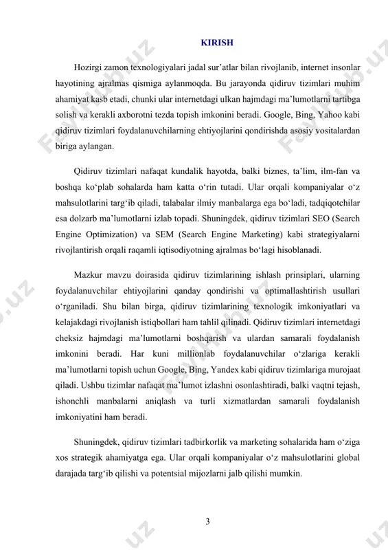 birga birinchi haqiqiy qidiruv tizimlaridan biri – webcrawler paydo bo‘ldi. u to‘liq matn bo‘yicha qidiruvni amalga oshirish imkoniyatini taqdim etgan dastlabki tizimlardan biri edi. 1996-yilda larry page va sergey brin tomonidan yaratilgan backrub loyihasi esa qidiruv tizimlarining rivojlanishida yangi bosqich bo‘ldi. bu loyiha keyinchalik google nomi bilan mashhur bo‘lib, bugungi kunda dunyoning eng katta va eng ko‘p foydalaniladigan qidiruv tizimiga aylangan. google qidiruv tizimi pagerank algoritmi asosida ishlagan bo‘lib, u veb-sahifalarning ahamiyatini va ularning dolzarbligini aniqlashga yordam beradi. qidiruv tizimlari tarixi davomida ulkan o‘zgarish va takomillashuv jarayonlarini boshdan kechirdi. hozirgi kunda qidiruv tizimlari faqat matnlarni qidirish bilan cheklanib qolmay, balki video, rasm, ovoz va boshqa turdagi ma’lumotlarni ham tez va aniq qidirib topish imkonini beradi. shuningdek, ular foydalanuvchilarning qiziqishlari va odatlariga moslashtirilgan natijalarni ko‘rsatishga qodir. qidiruv tizimlari insoniyatning axborotga bo‘lgan ehtiyojini qondirishda muhim ahamiyat kasb etadi. ularning rivojlanishi davom etar ekan, yangi algoritmlar va texnologiyalar paydo bo‘lib, qidiruv natijalarini yanada …
