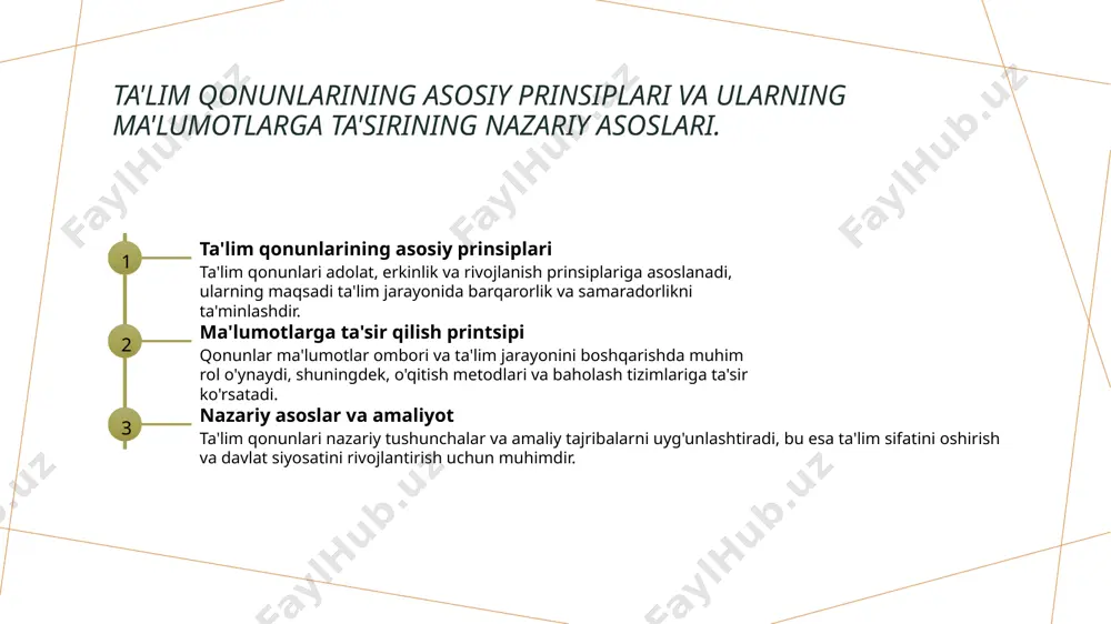 ivojlanish uchun qonunlar va siyosatlarning ahamiyati to'g'ri tatbiq etilgan qonunlar va siyosatlar ta'lim sifatini nazorat qilish, yoshlar uchun keng imkoniyatlar yaratish va jamiyat rivojlanishini ta'minlaydi. foydalanilgan adabiyotlar 1. o‘zbekiston respublikasi ta'lim qonunlari va siyosatlari. ta'lim vazirligi nashriyoti, 2020. 2. islomov, a. ta'lim qonunlarining amaliy tatbiqi va rivojlanish yo‘llari. o‘zbekiston milliy universiteti nashriyoti, 2019. 3. qodirov, b. ta'lim metodlari va siyosatlari: nazariyalar va amaliyot. toshkent: fan va ta'lim, 2021. 4. mustafayev, s. o'zbekiston ta'lim tizimida qonunlarning ta'siri. tarbiya va ta'lim jurnali, 2022, 15(3), 45-60. 5. xolmatov, d. ta'lim qonunlari va ularning rivojlanishi. o‘zbekiston xalq ta'limi instituti nashriyoti, 2018. e'tiboringiz uchun rahmat! /docprops/thumbnail.jpeg